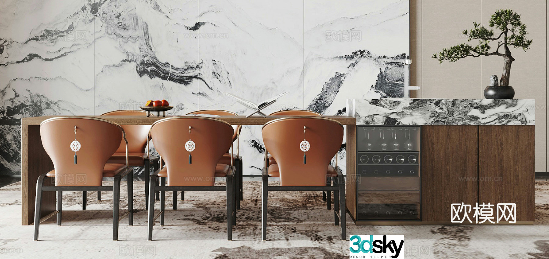 New Chinese dining table and chair combination 3D model