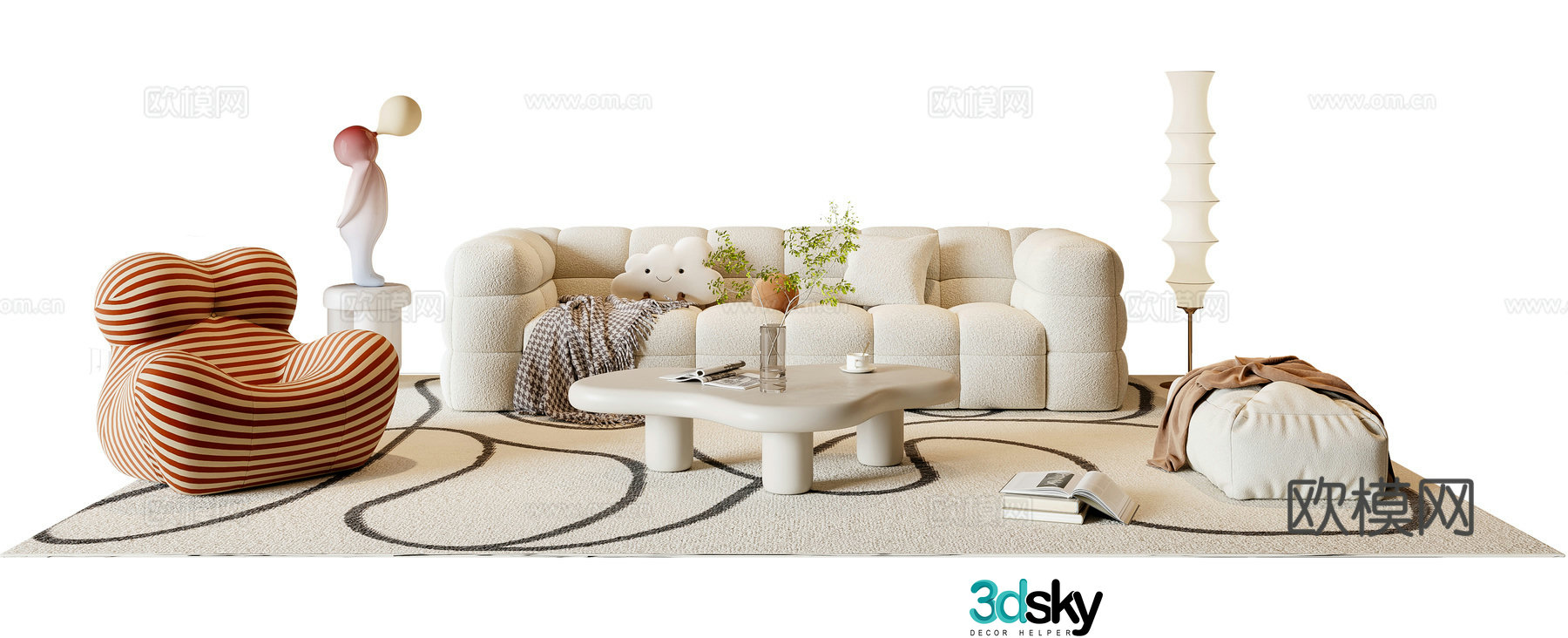 Modern cream style sofa coffee table combination 3D model
