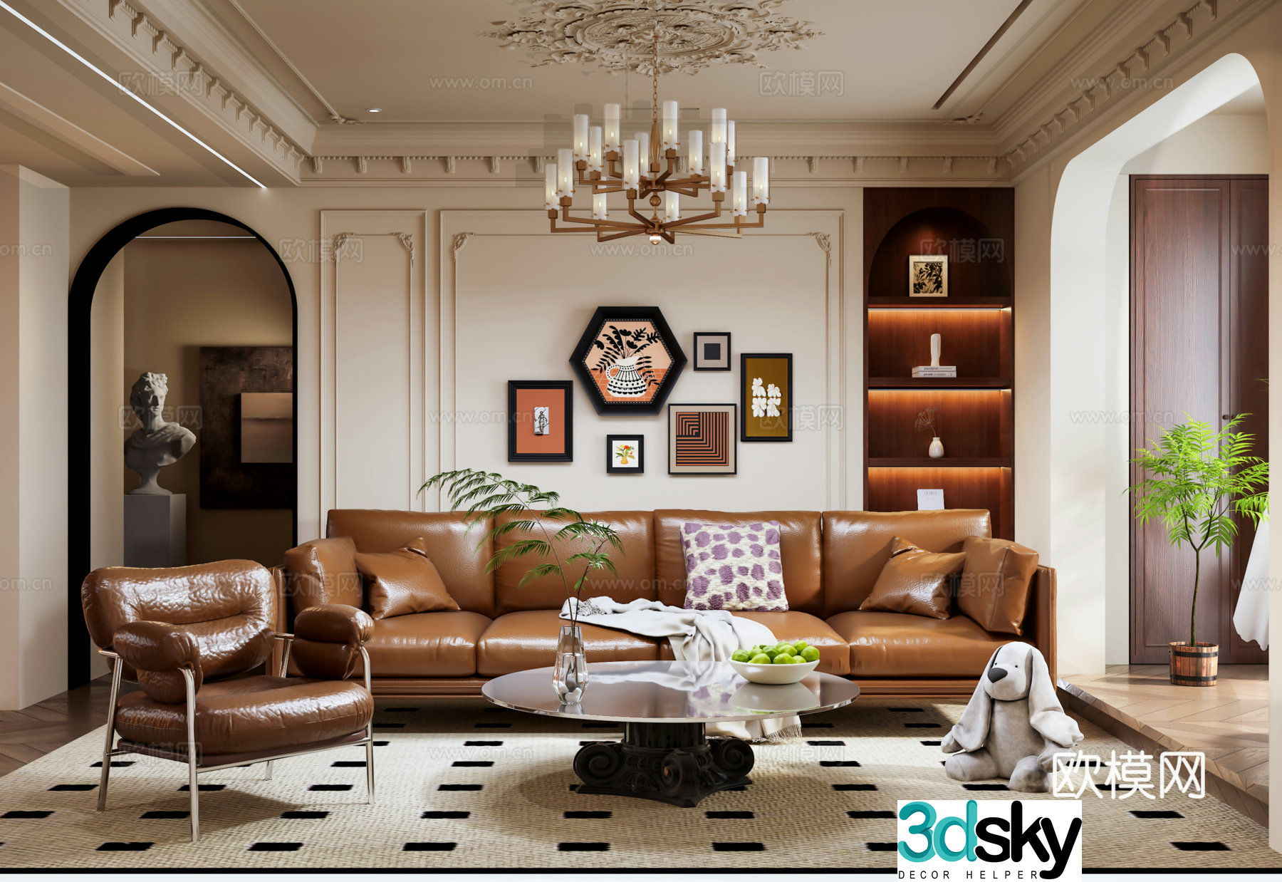 French medieval style living room retro chandeliers sofa and coffee table combination platform living room sculpture decorative 3D model