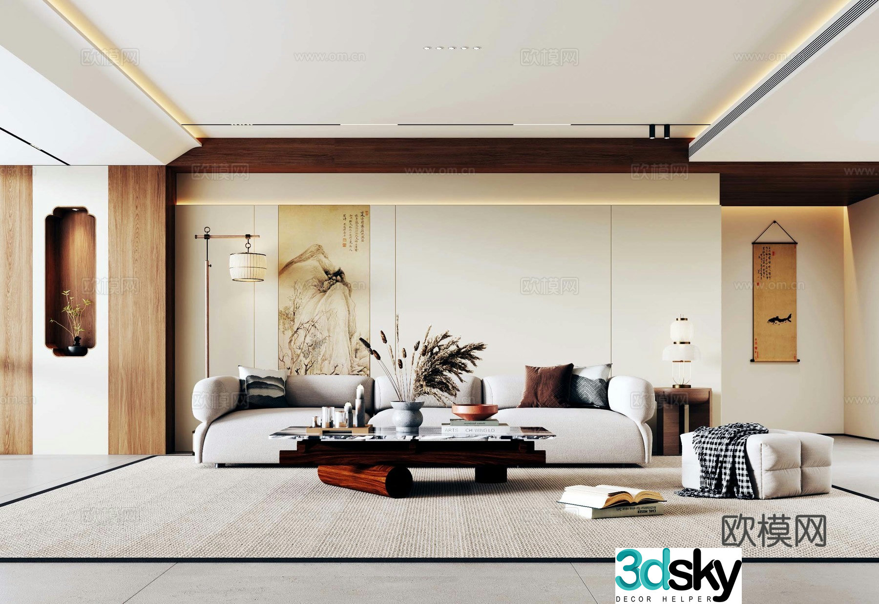 Modern medieval living room sofa and coffee table combination leisure chair hanging painting dried flowers floor lamp 3d model