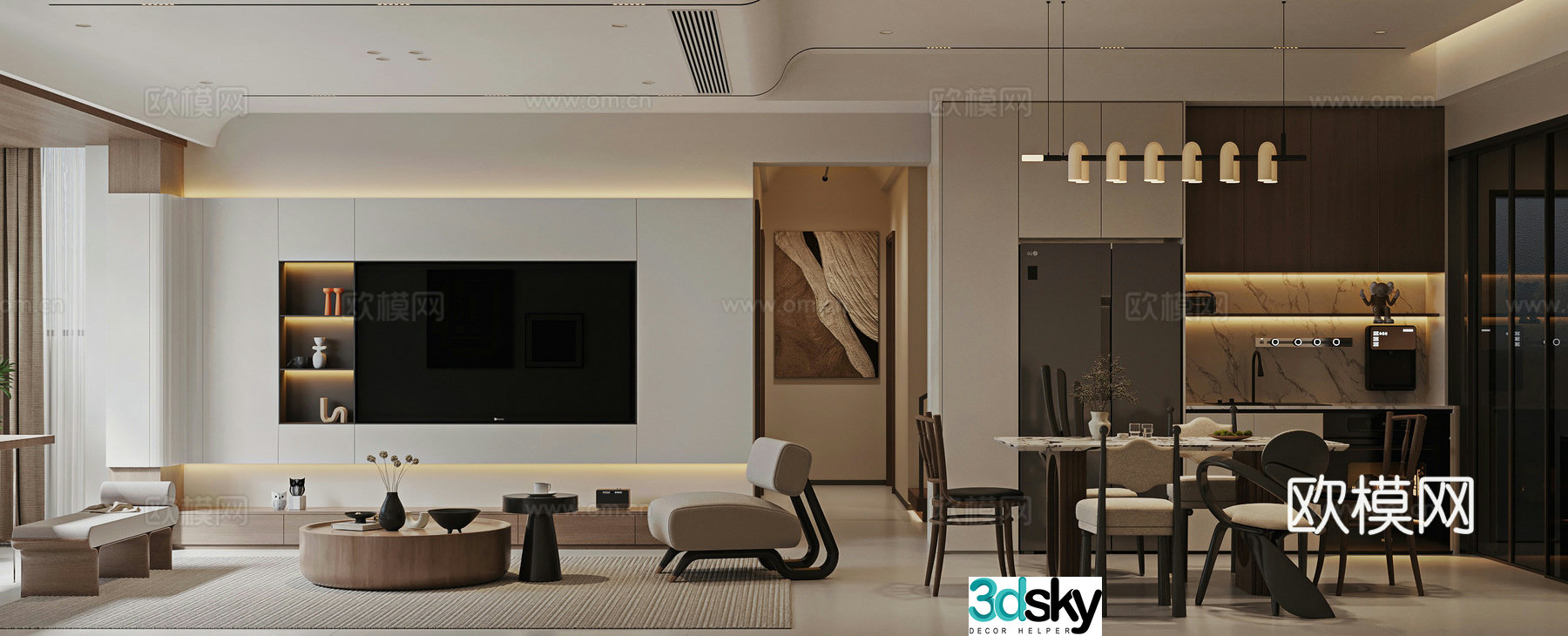 Modern living and dining room 3d model