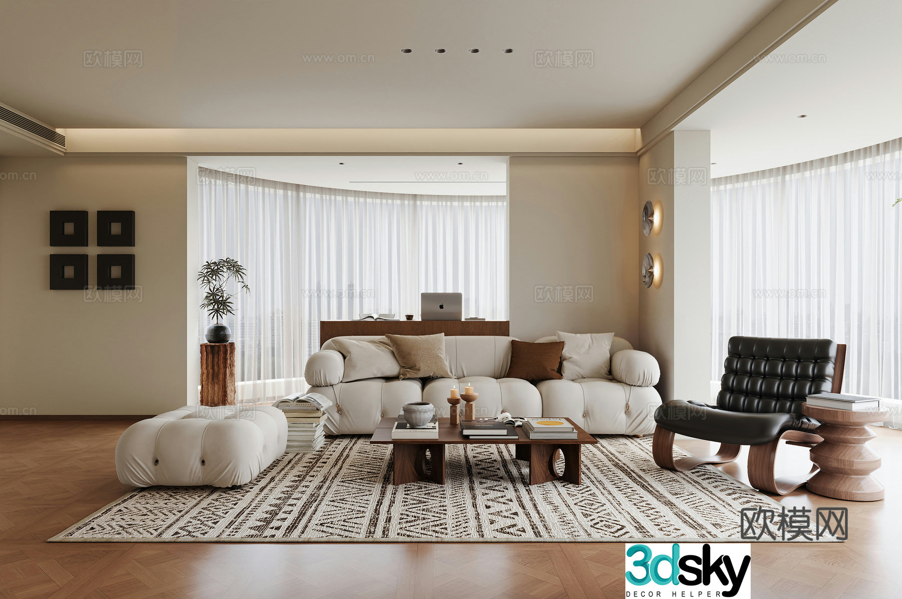Middle style living room sofa and coffee table combination painting wall light 3D model