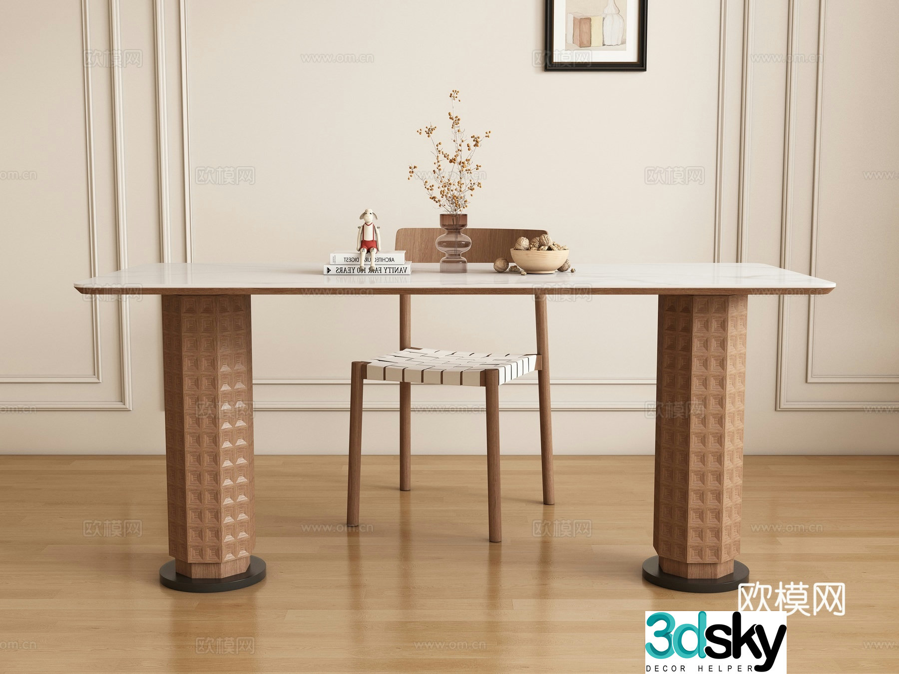 Modern long dining table and chair 3d model