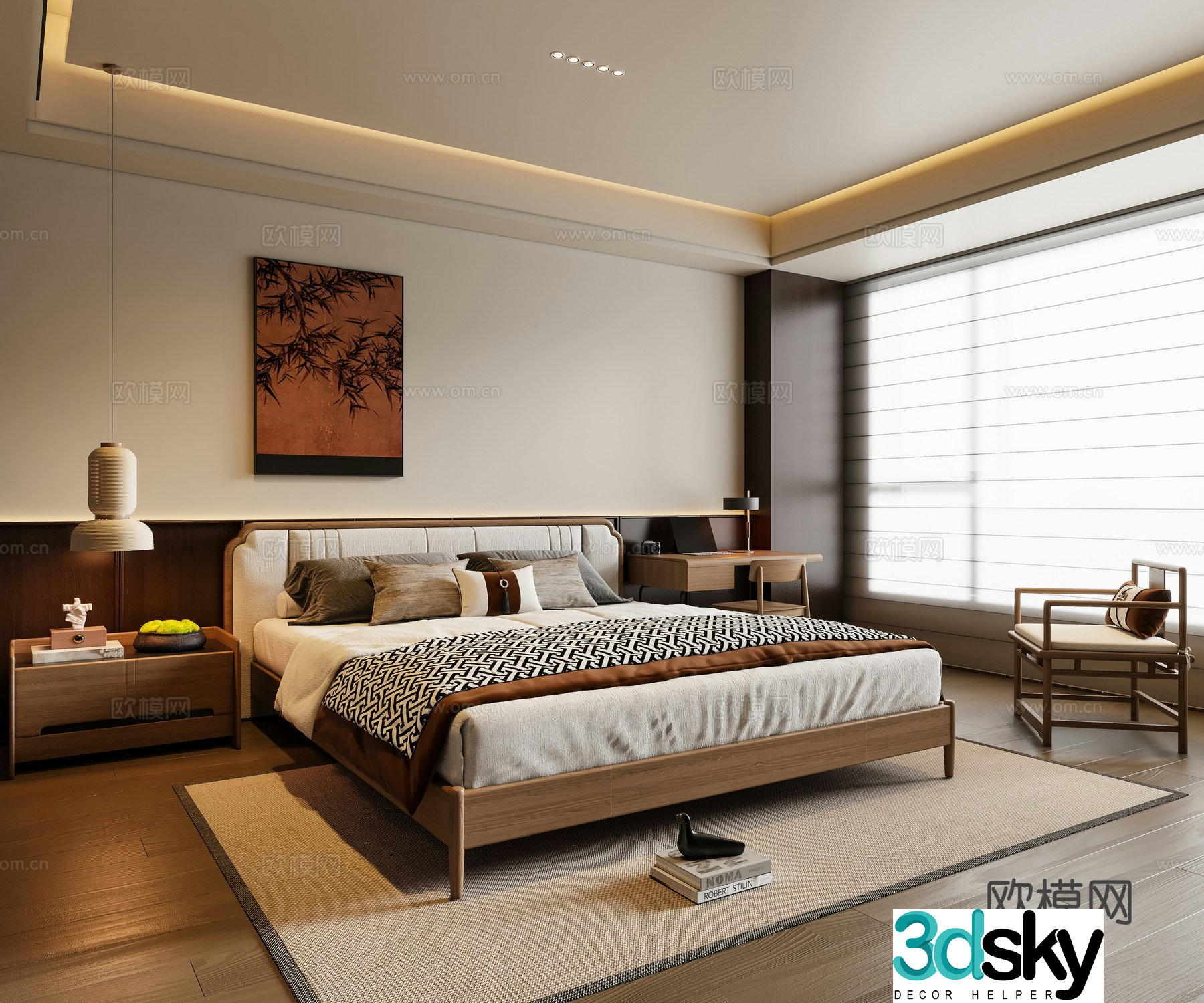 New Chinese style bedroom solid wood double bed bedside table chandeliers desks chairs paintings leisure chairs 3D model