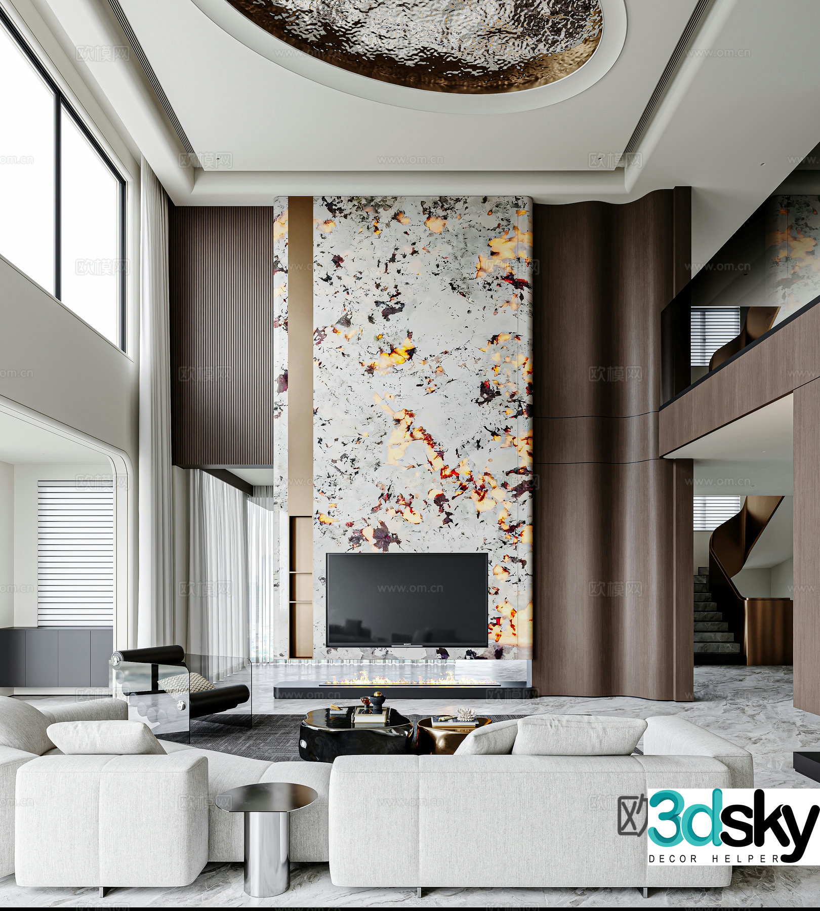 Italian light luxury villa living room empty living room high-end gray living room luminous luxury stone TV wall 3D model
