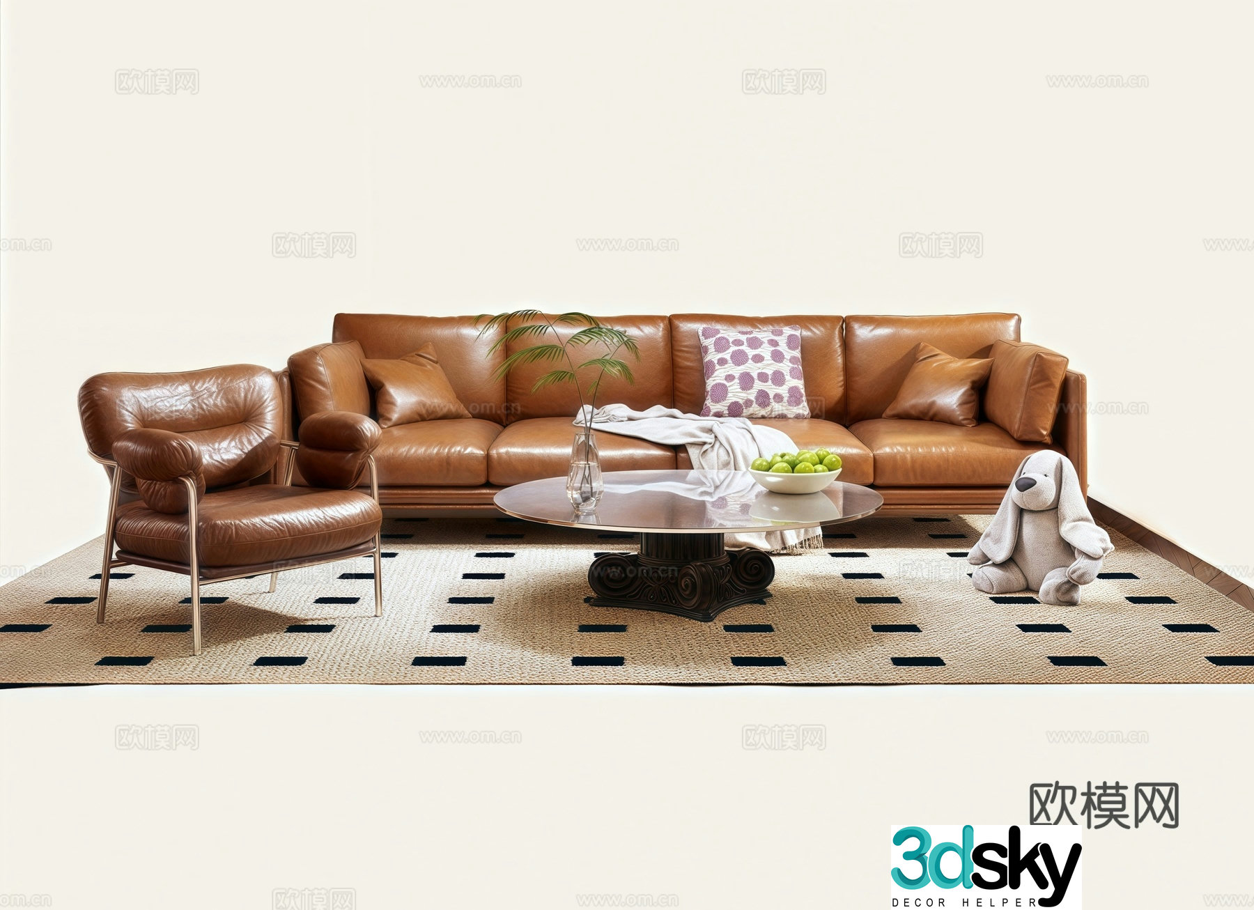 Medium retro leather sofa coffee table combination 3D model
