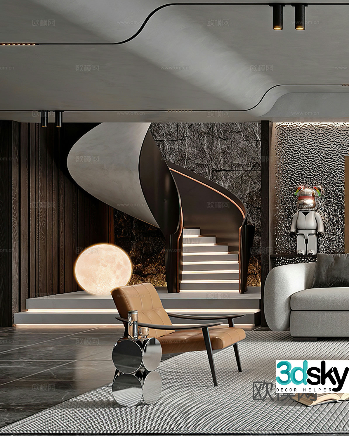 Modern leisure chair spiral stairs moonlight Italian light luxury violent bear sculpture ornament 3d model
