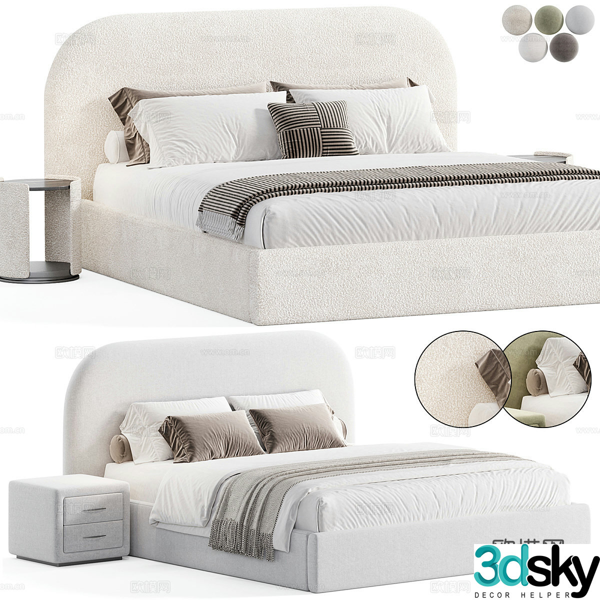 Modern Cream Style Kevia Fabric Double Bed 3D Model