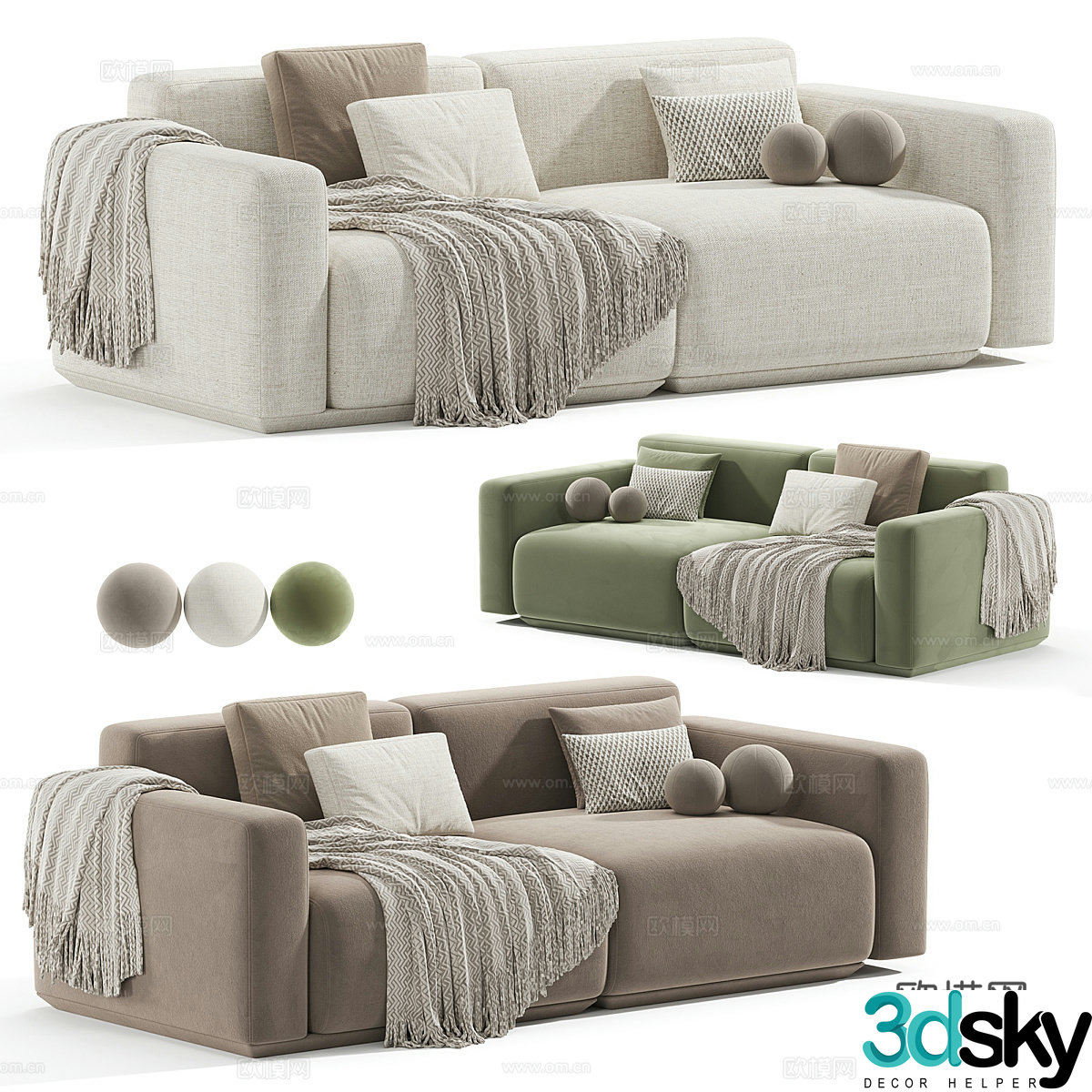 Modern cream style fabric double sofa 3d model