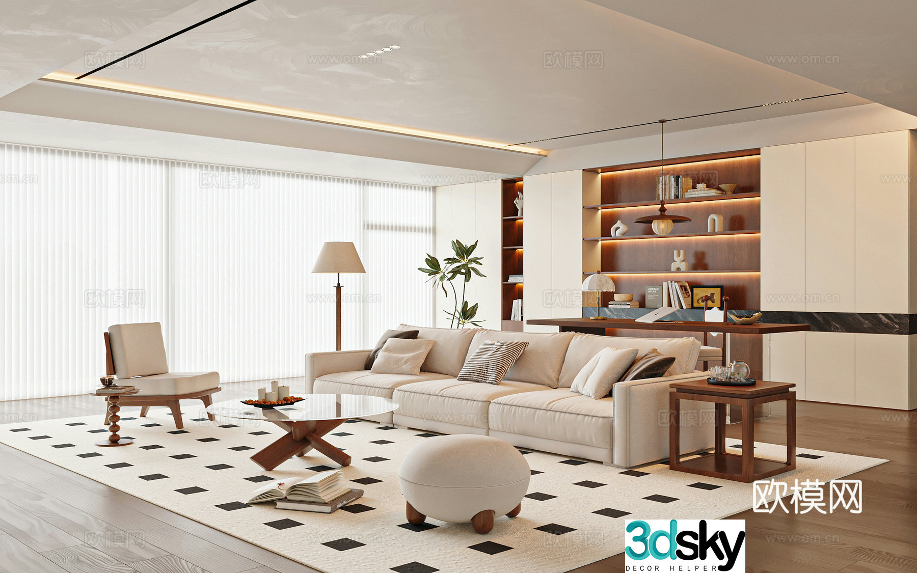 Modern medieval style living room living room and study sofa and coffee table bookcase 3d model