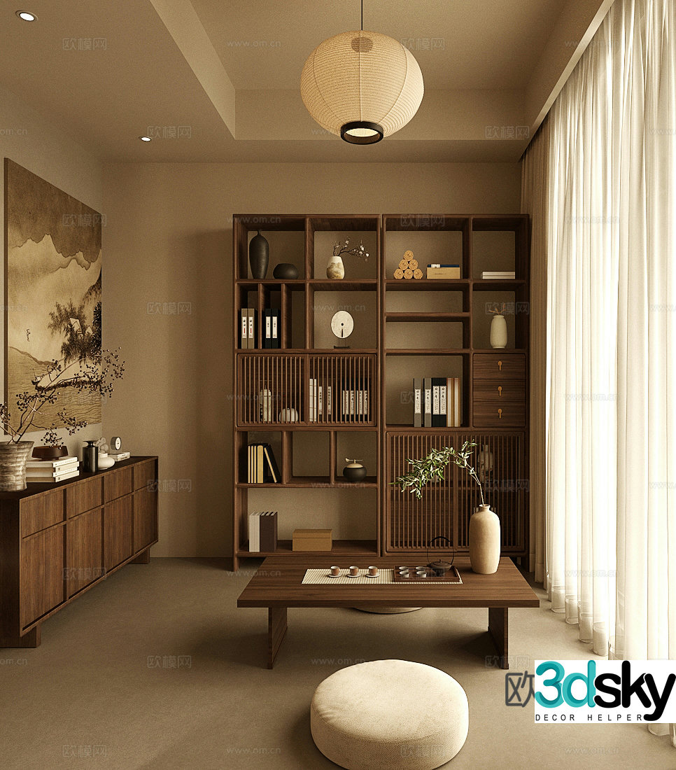 New Chinese style Zen tea room Tatami tea room Balcony tea room Tatami tea table and chair Entrance cabinet 3D model