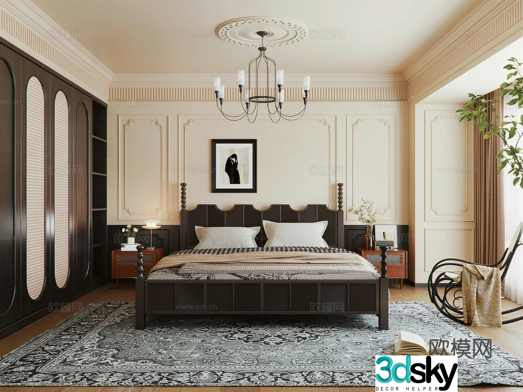 French medieval home bedroom French medieval style double bed nightstand French wardrobe leisure chair 3d model