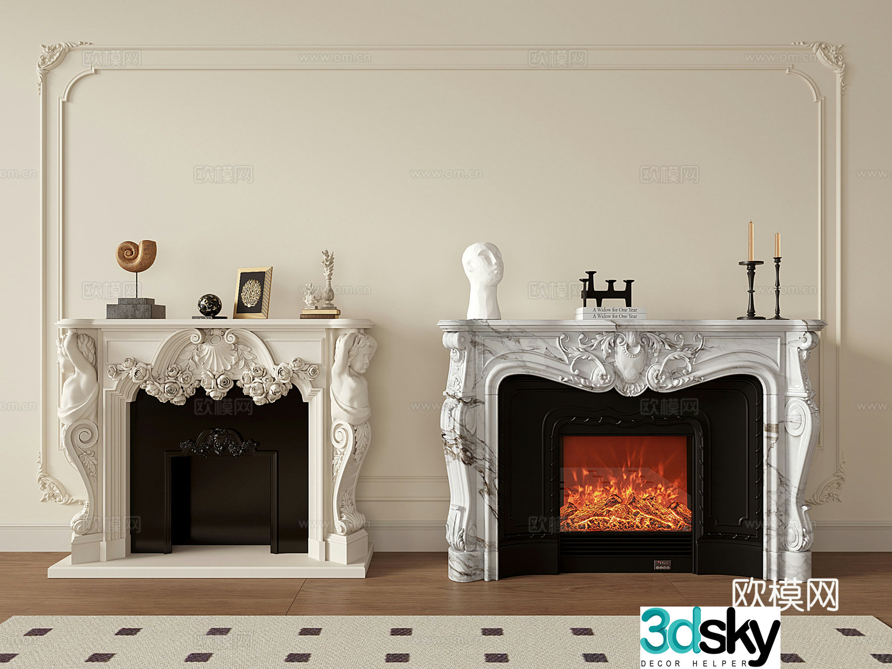 French retro fireplace marble relief carving stone sculpture 3d model