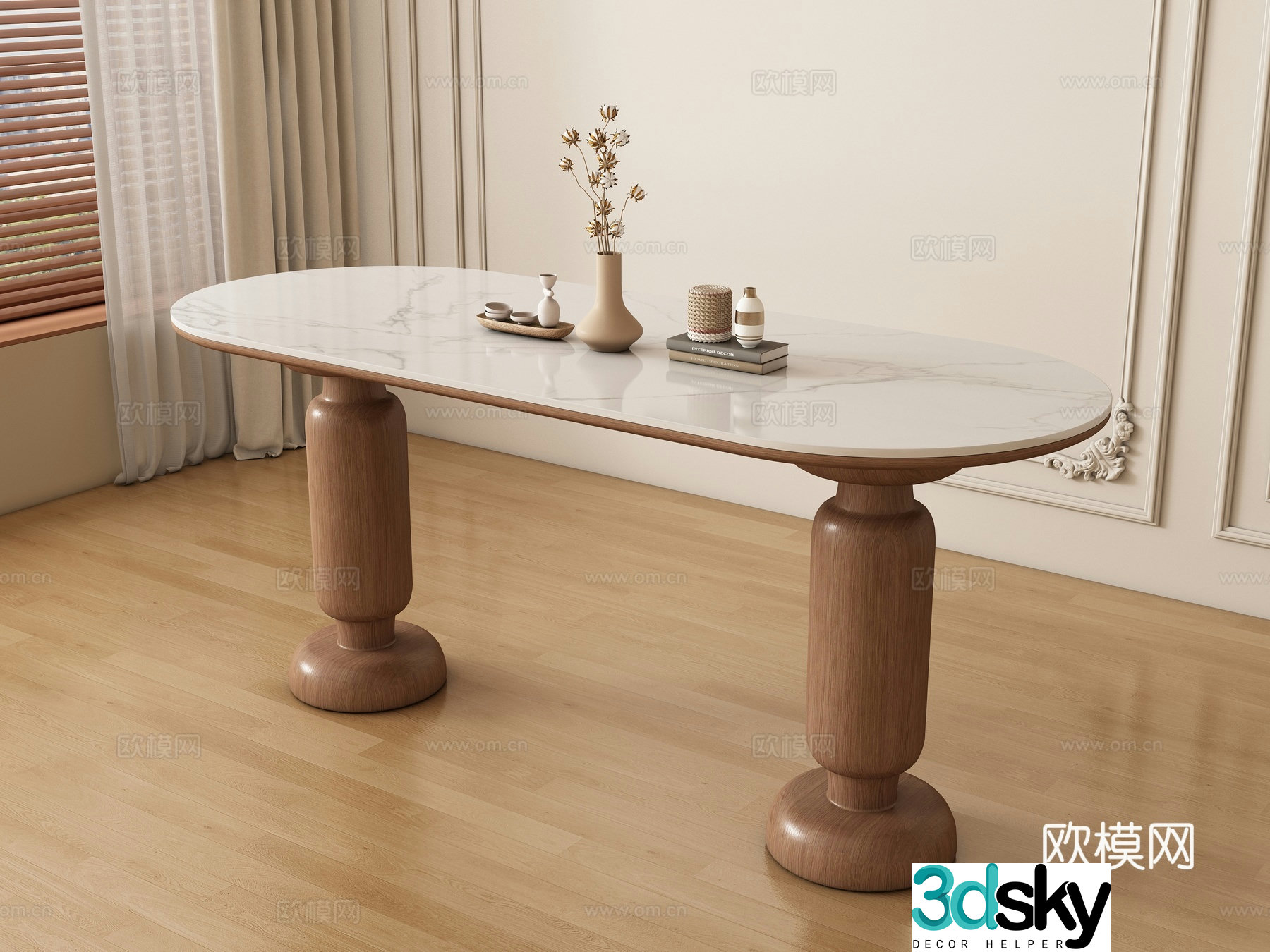 Modern long dining table and chair 3d model