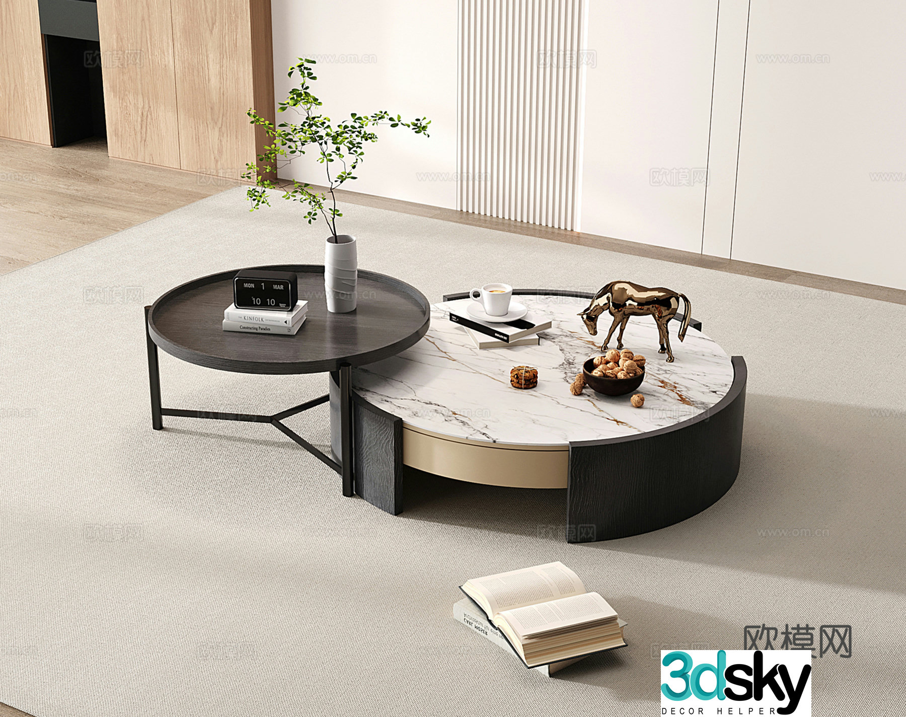 Modern coffee table wooden marble 3d model