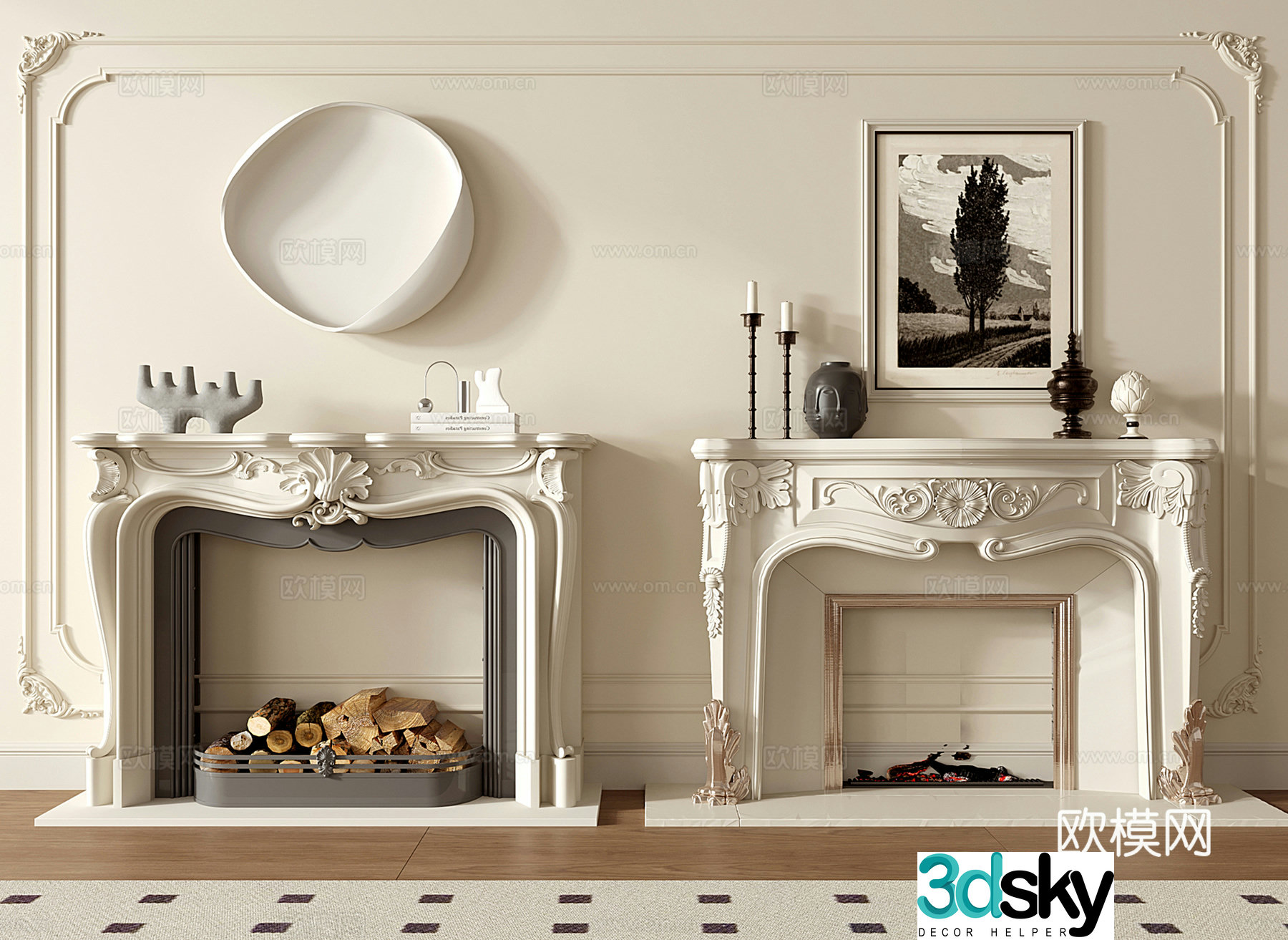 French retro fireplace marble relief carving stone sculpture 3d model