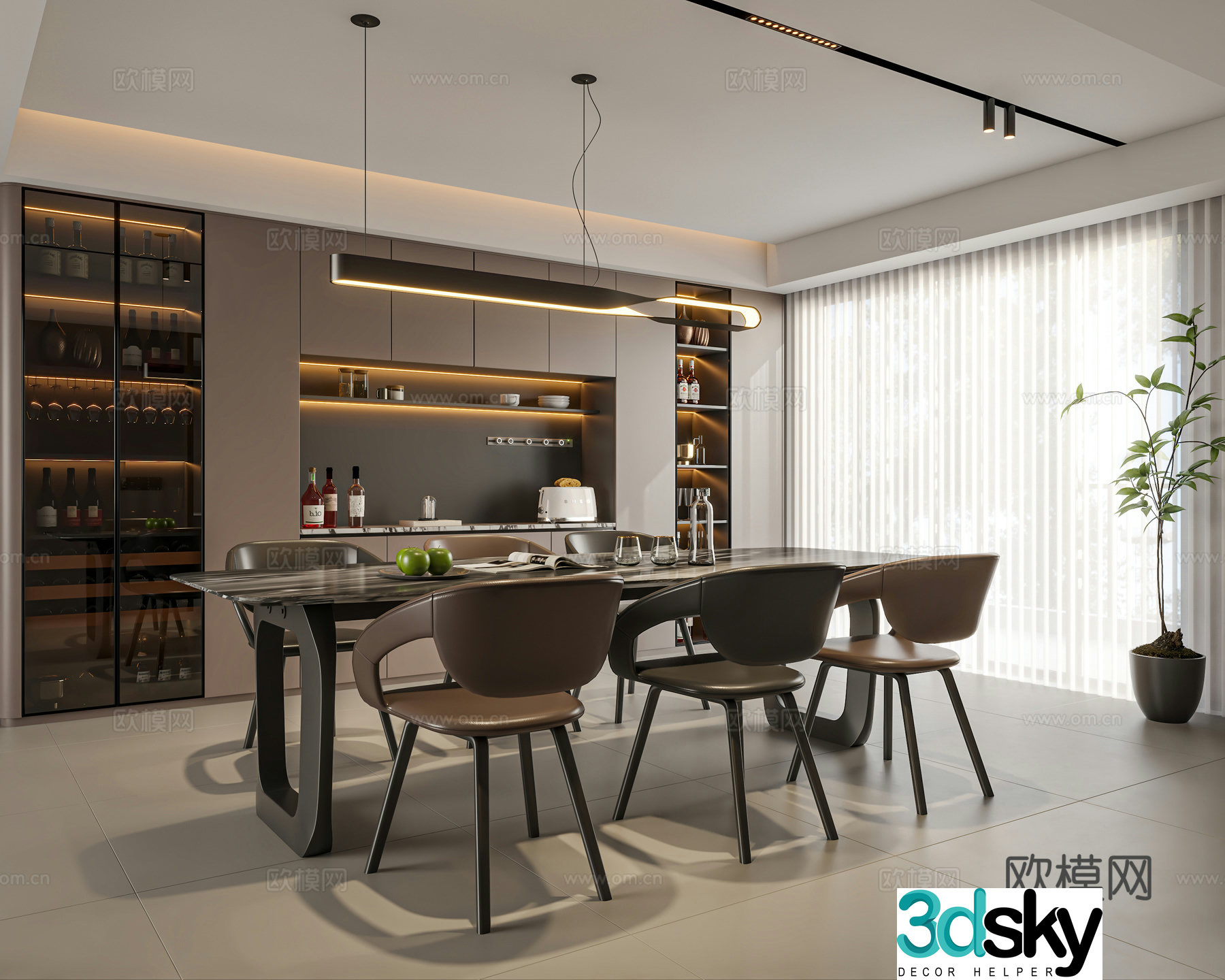 Modern Italian restaurant Dining table and chair Italian light luxury sideboard wine cabinet leather dining chair 3D model