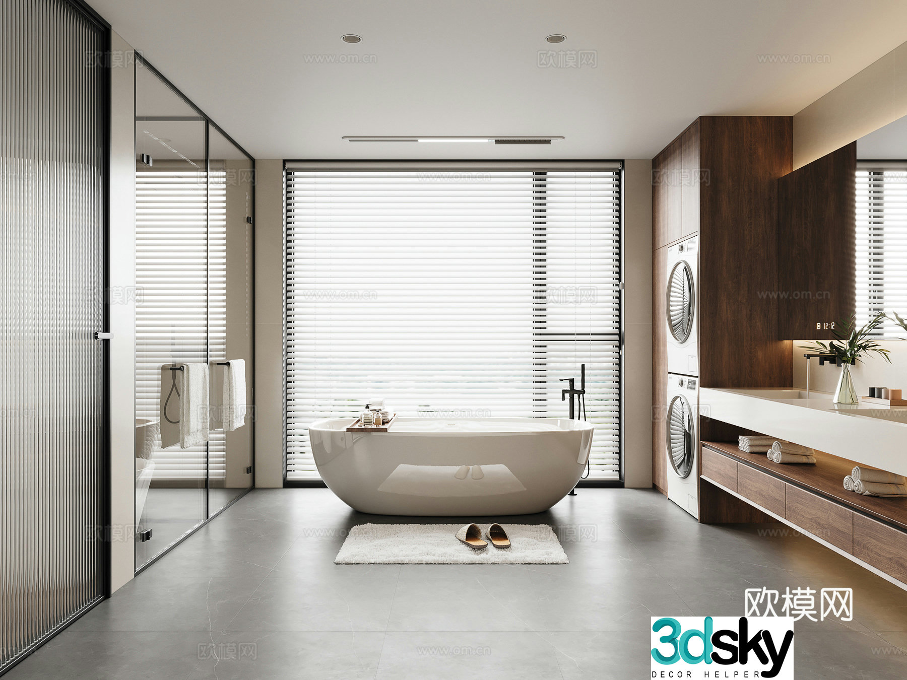Modern bathroom Bathtub Washing machine Bathroom carpet Linear bathroom heater 3d model