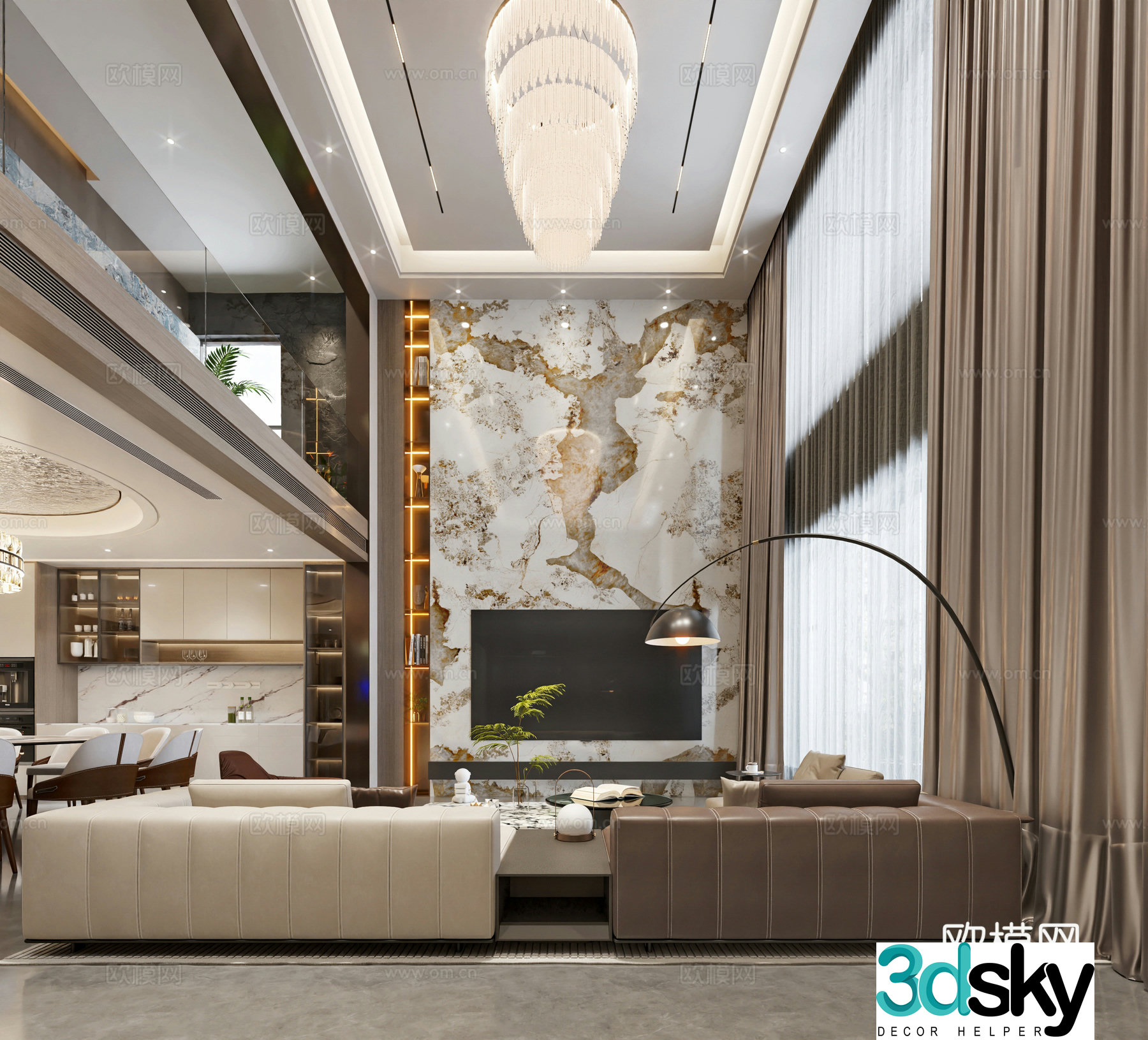 Modern living and dining room 3d model