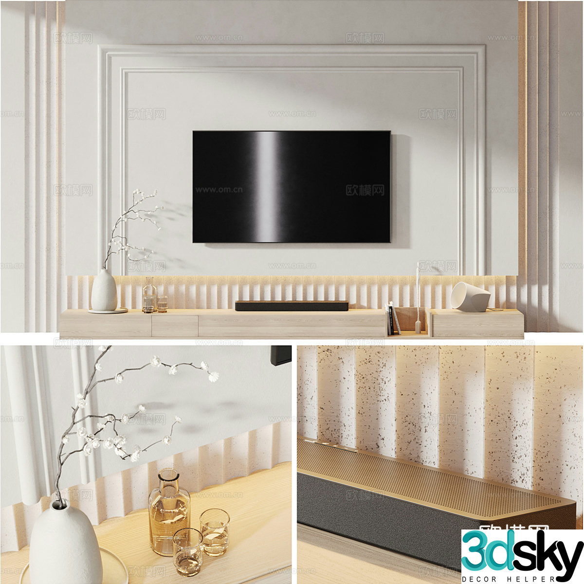 Modern creamy TV background wall 3d model