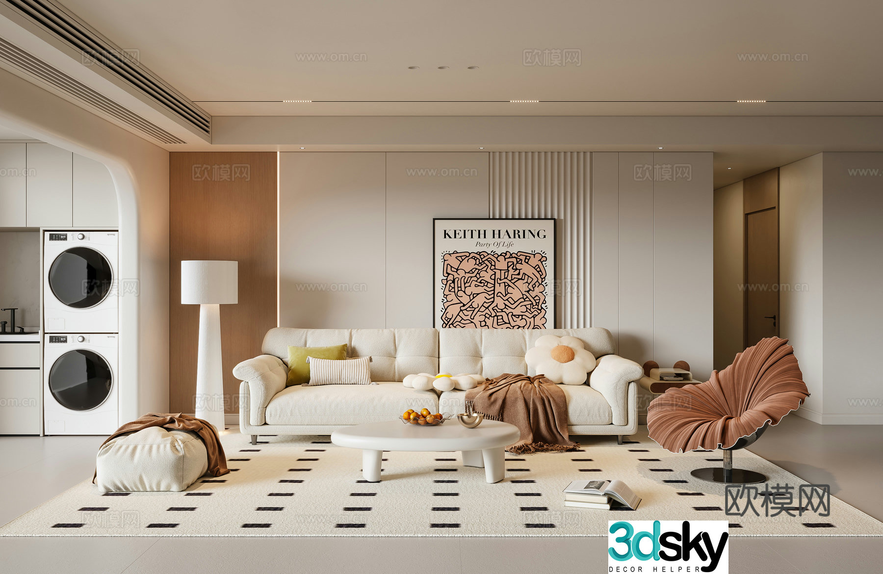 Modern creamy living room sofa coffee table casual sofa painting floor lamp 3d model