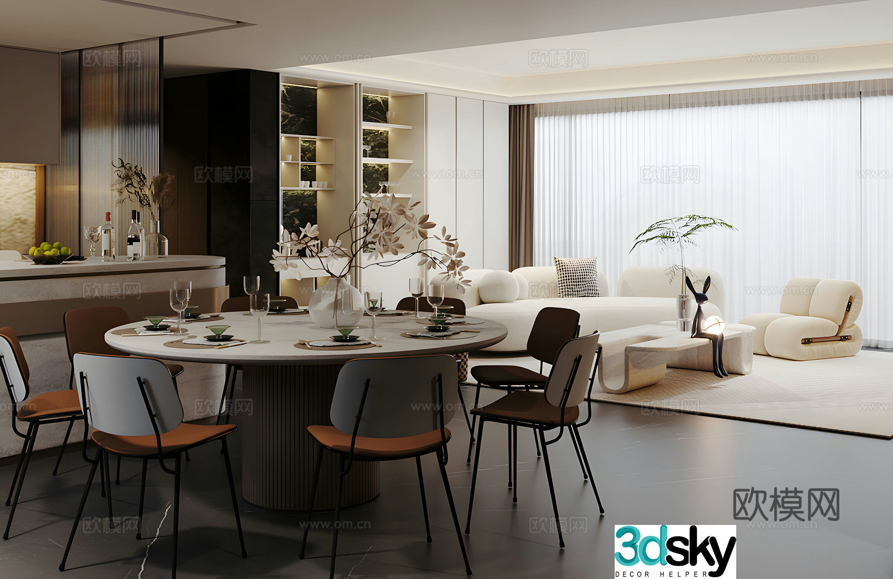 Light luxury Italian home living and dining room homeless lights modern living and dining room horizontal living and dining room 3D model