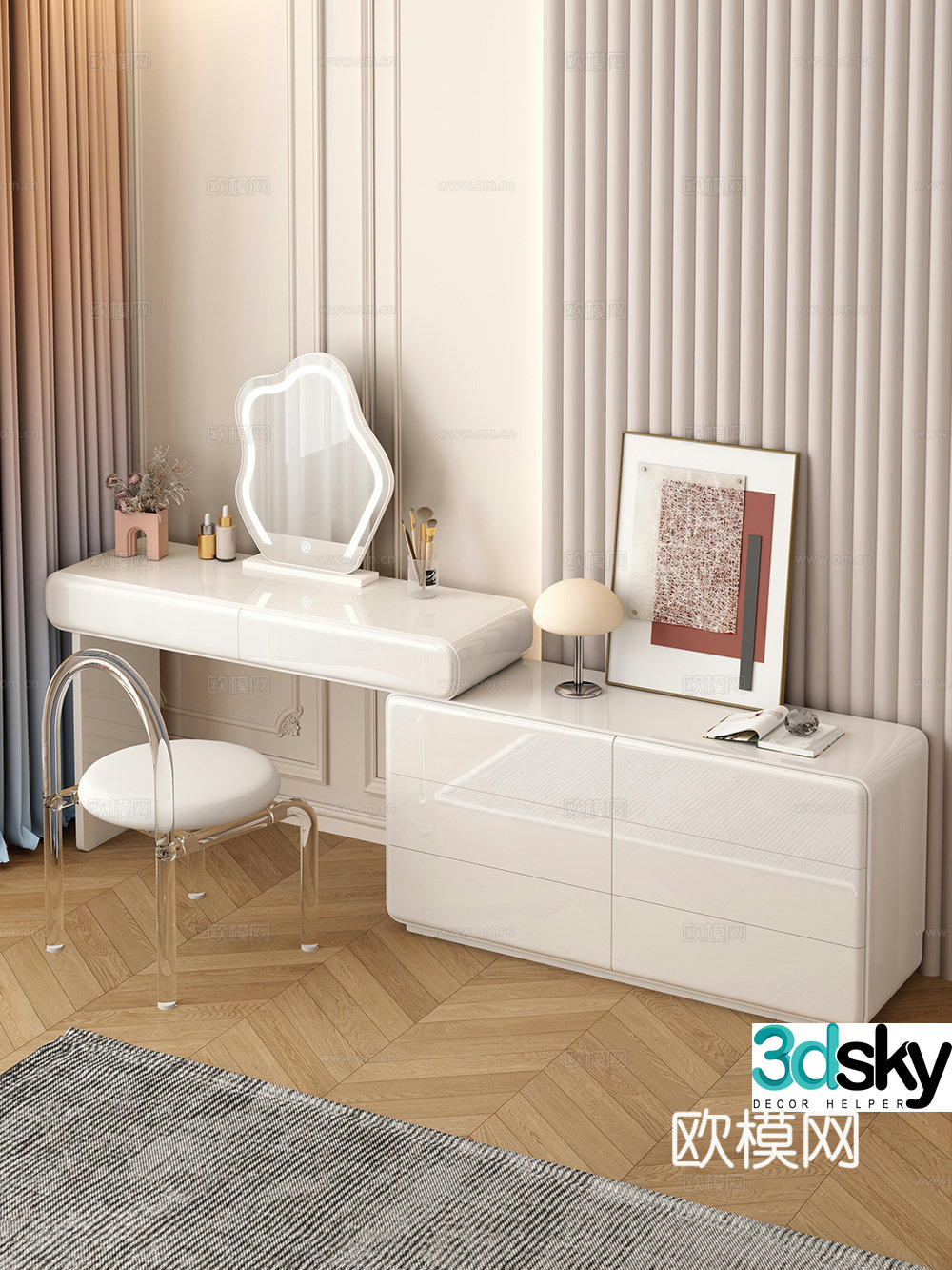Cream style dressing table makeup stool combination dressing table makeup stool mirror decoration hanging painting 3D model