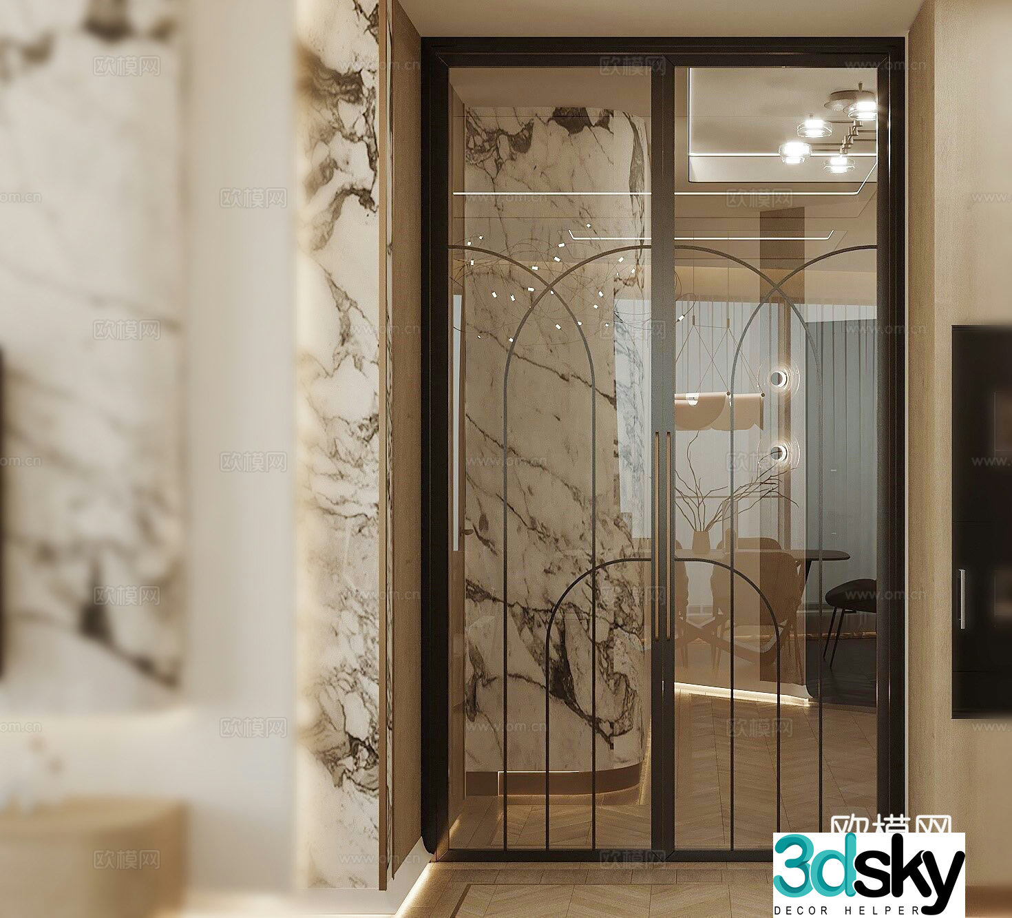 Modern double-layer glass door Metal frame glass door Bathroom kitchen glass door Kitchen double-open glass 3D model