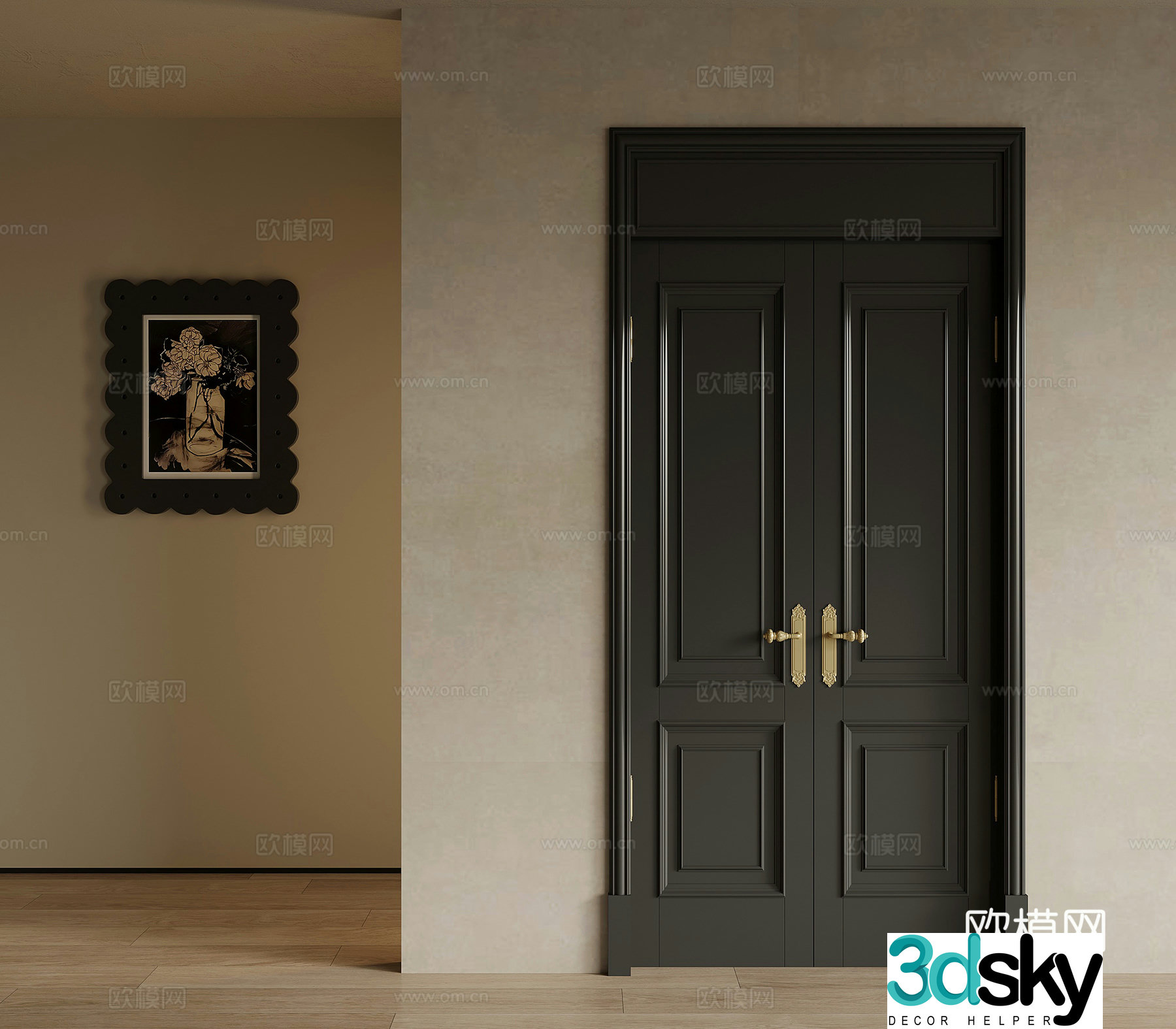 French retro style double door interior door 3d model