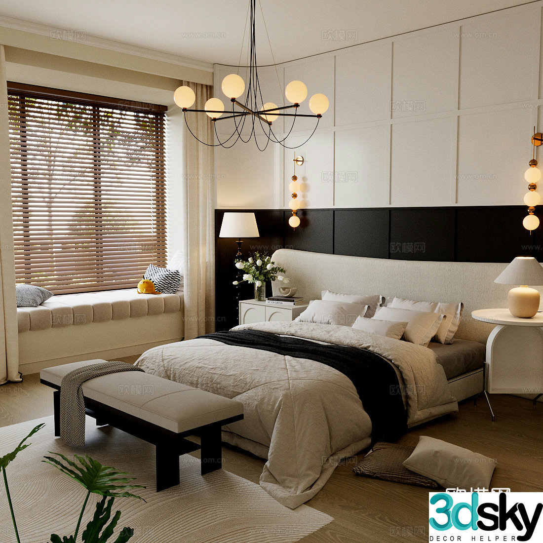 Medium retro home bedroom Medium style bedroom Leather double bed French retro bedroom Second bedroom 3D model
