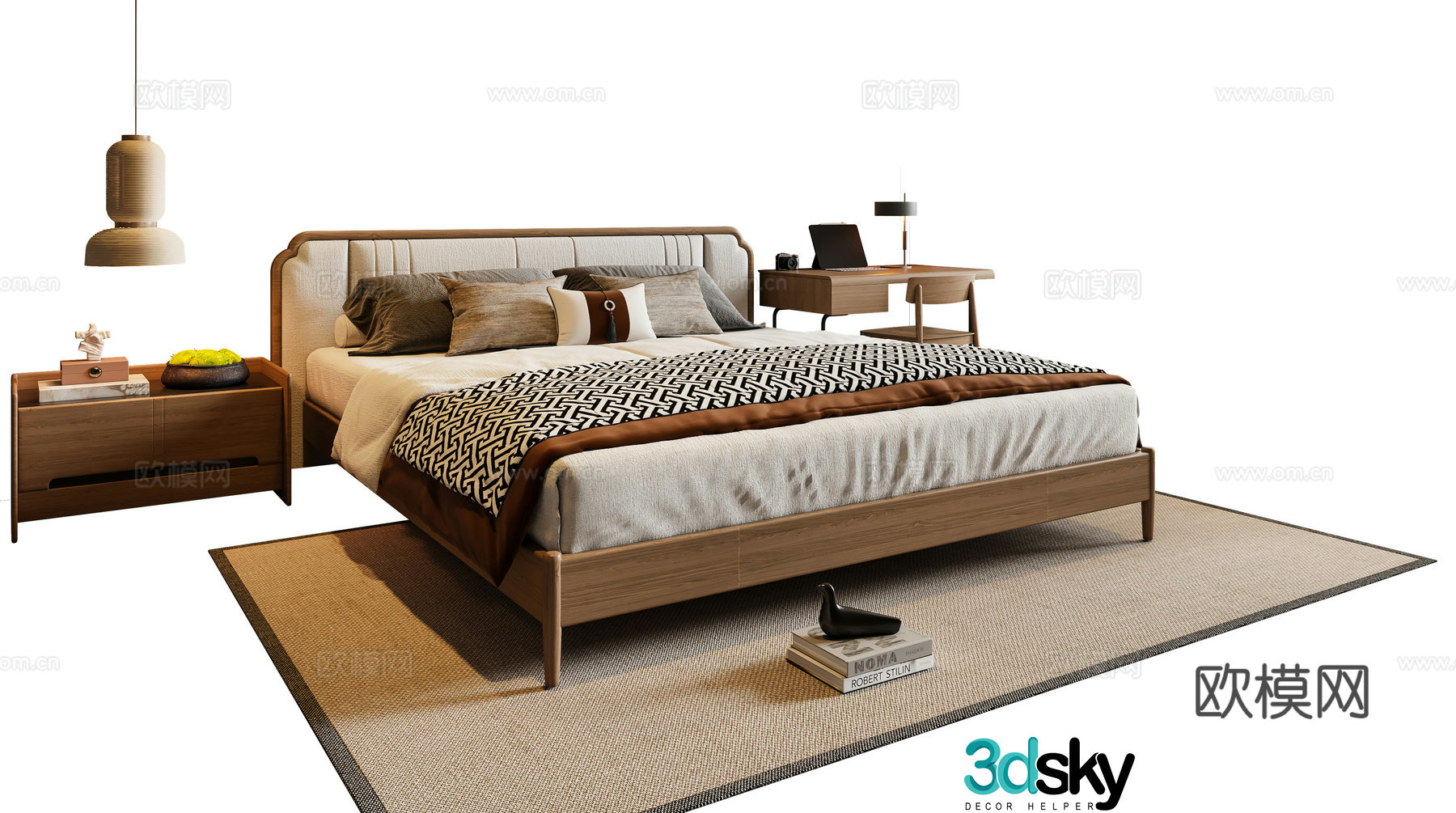 New Chinese style double bed solid wood bed nightstand chandeliers desk chair carpet 3d model
