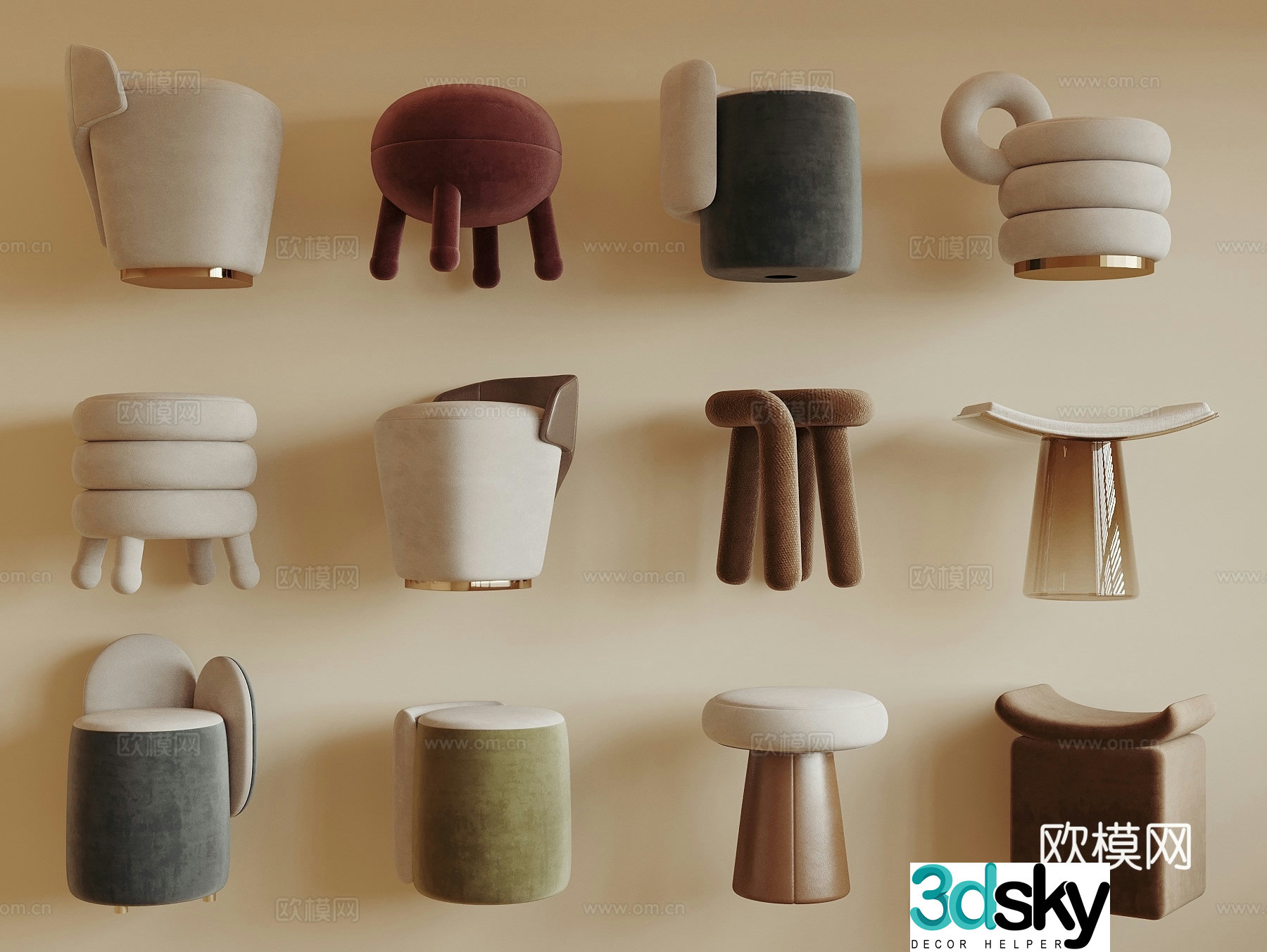 Modern cream style sofa stool low stool round stool shoe change stool small stool 3d model
