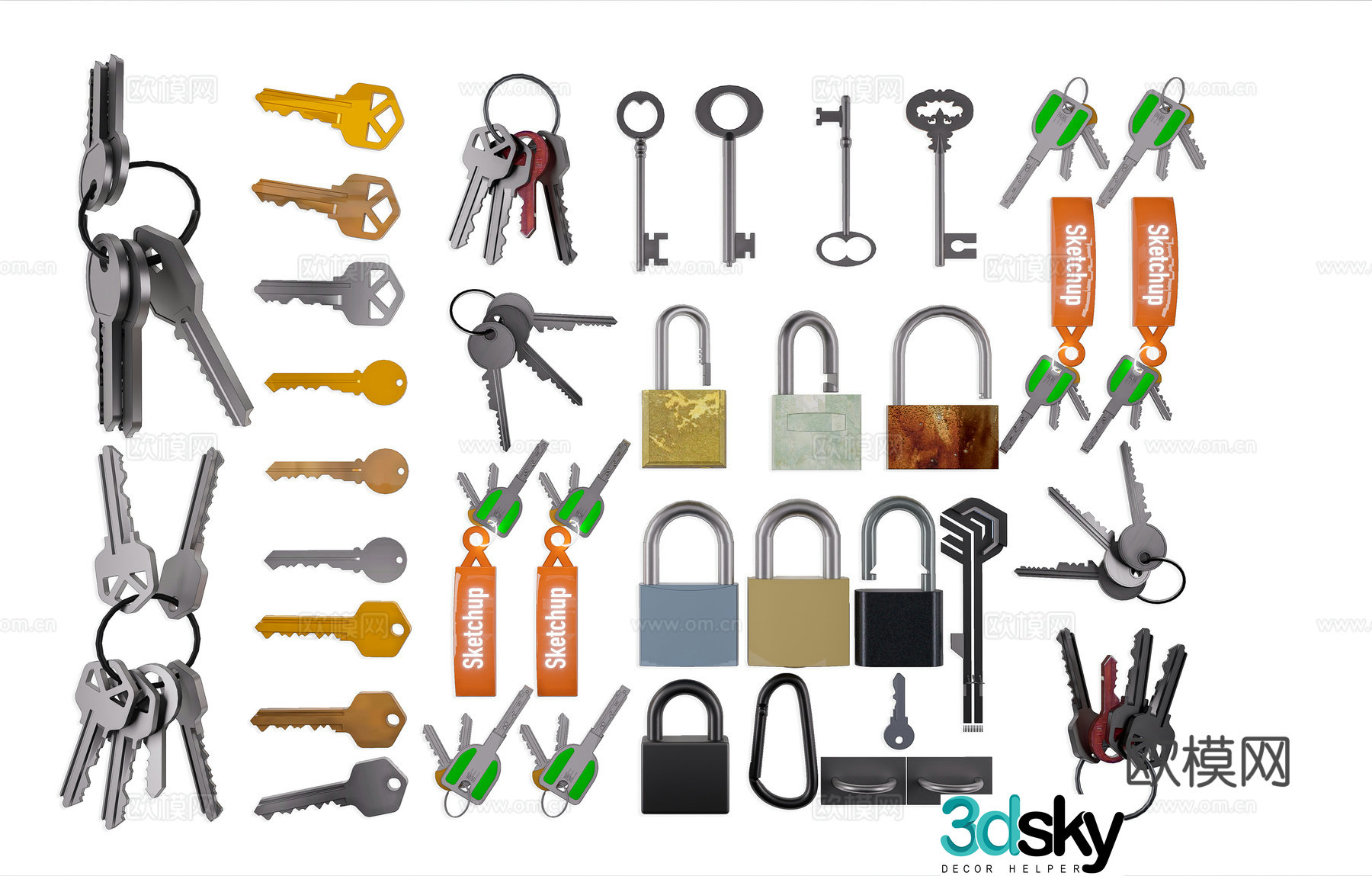 Modern vintage locks key chains password lock keys drawer lock hardware 3D model