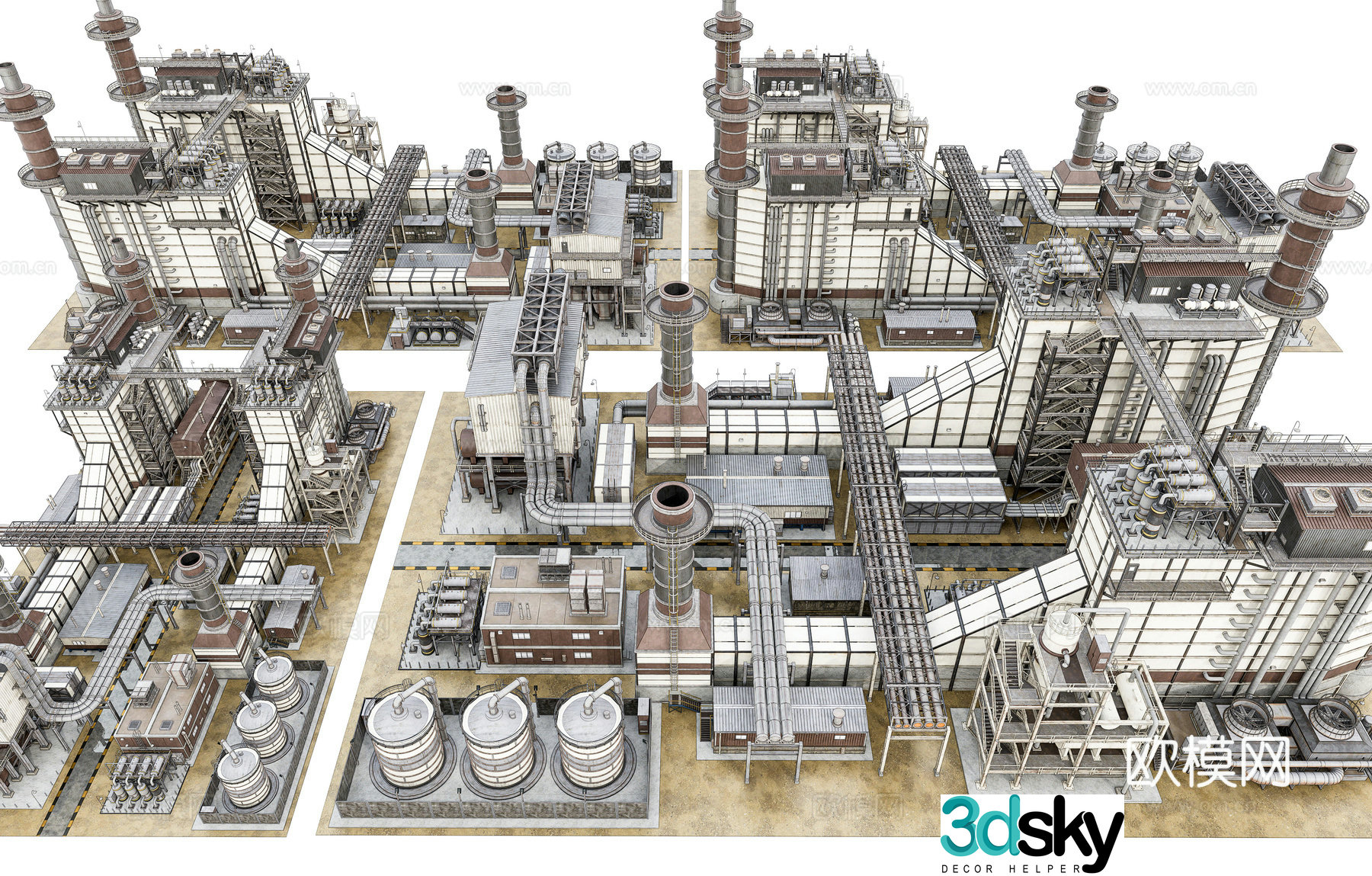 Modern industrial zone factory building Reactor chimney building Oil pump cooling tower metallurgy Pipeline gas storage 3D model