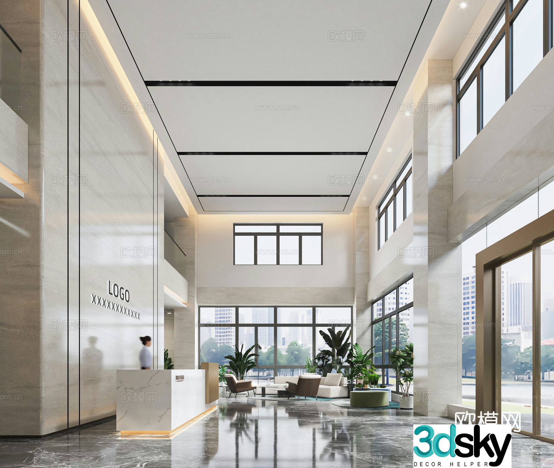 Modern office lobby reception and lounge area 3D model