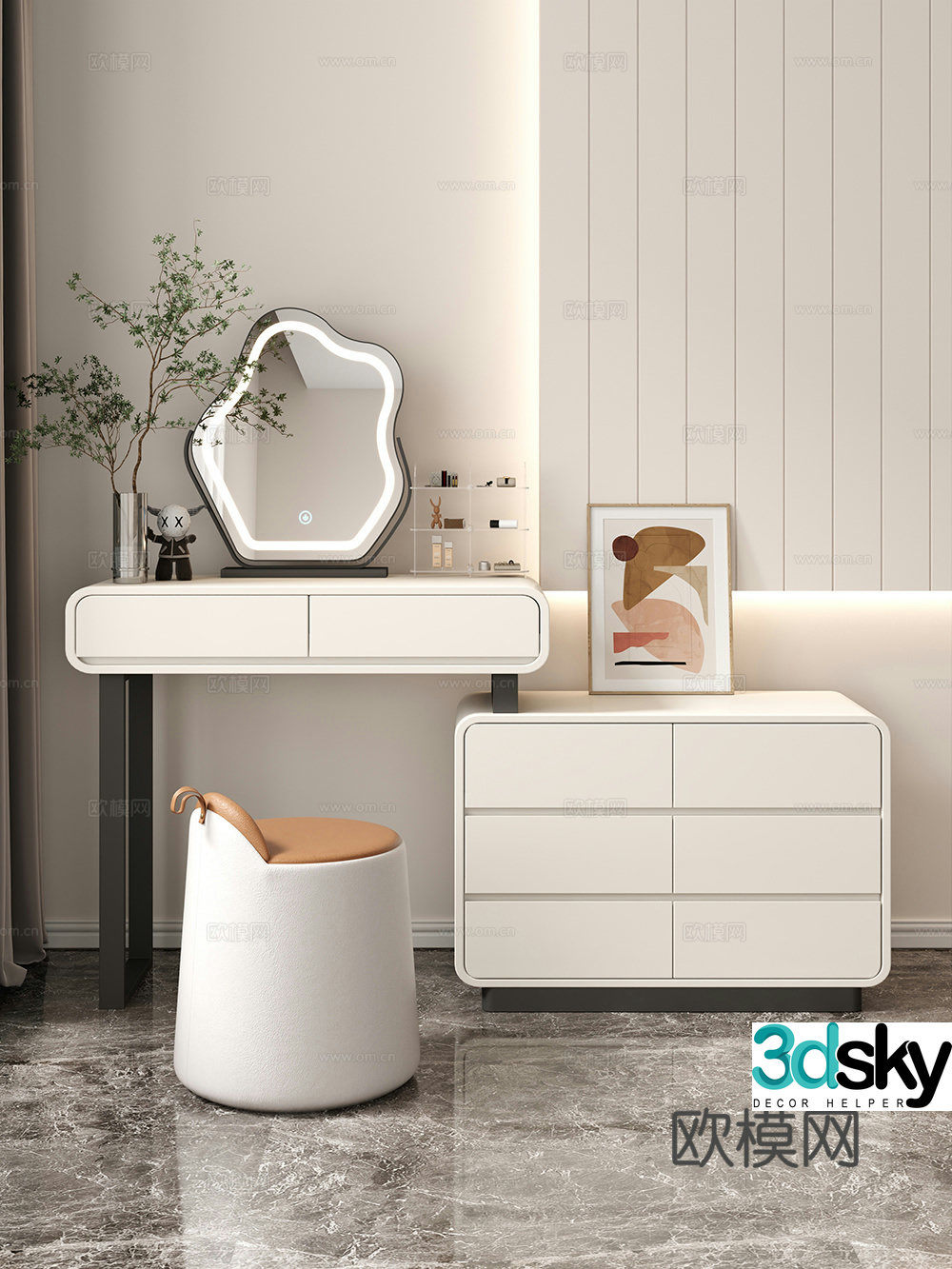 Cream style dressing table makeup stool combination dressing table makeup stool mirror decoration hanging painting 3D model