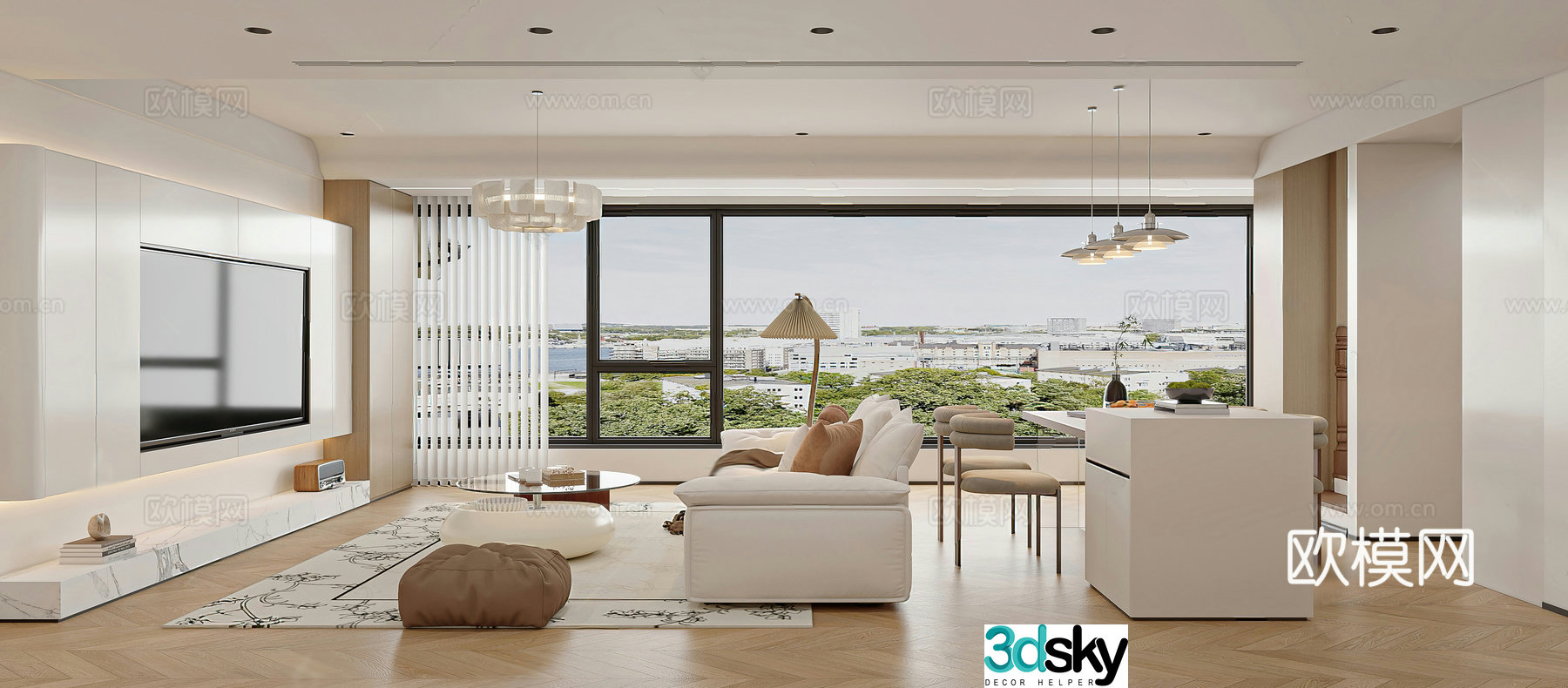 Creamy style living room combination sofa island bar dining table leisure chair creamy style living room 3d model