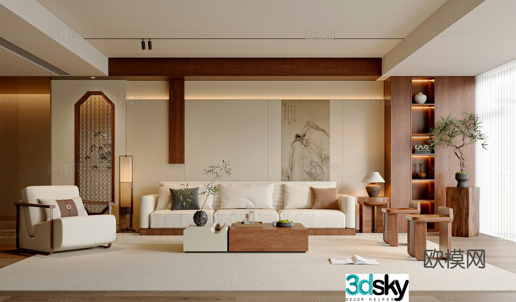 New Chinese style Song style living room sofa and coffee table combination leisure chair pier new Chinese style background wall 3D model