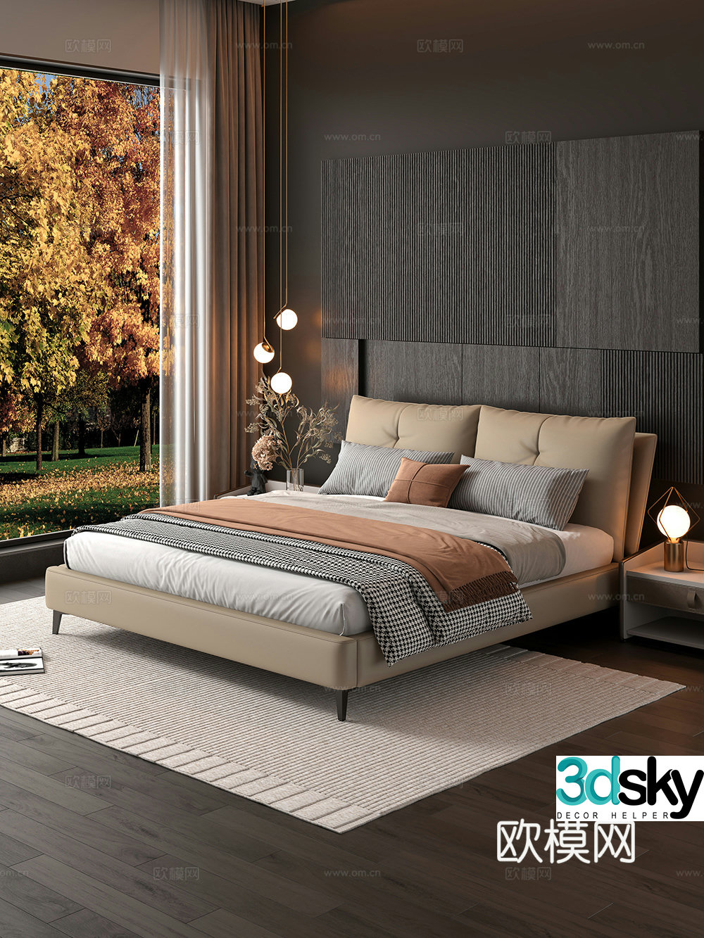 Bedroom and home double bed nightstand minimalist bed decoration hanging painting 3d model