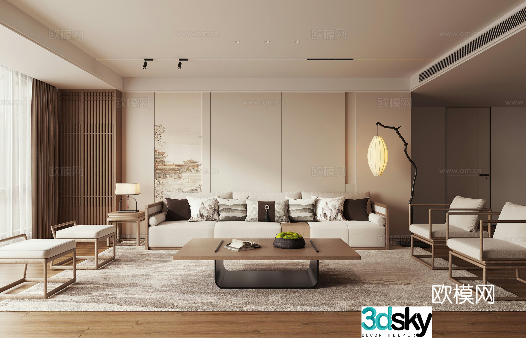 New Chinese Zen Living Room Combination Sofa Leisure Chair Coffee Table 3D Model