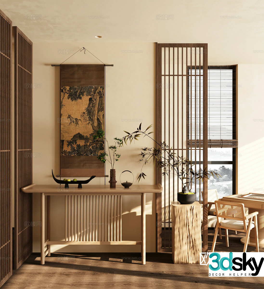 New Chinese style plan end view platform table and chair combination 3D model of hanging paintings