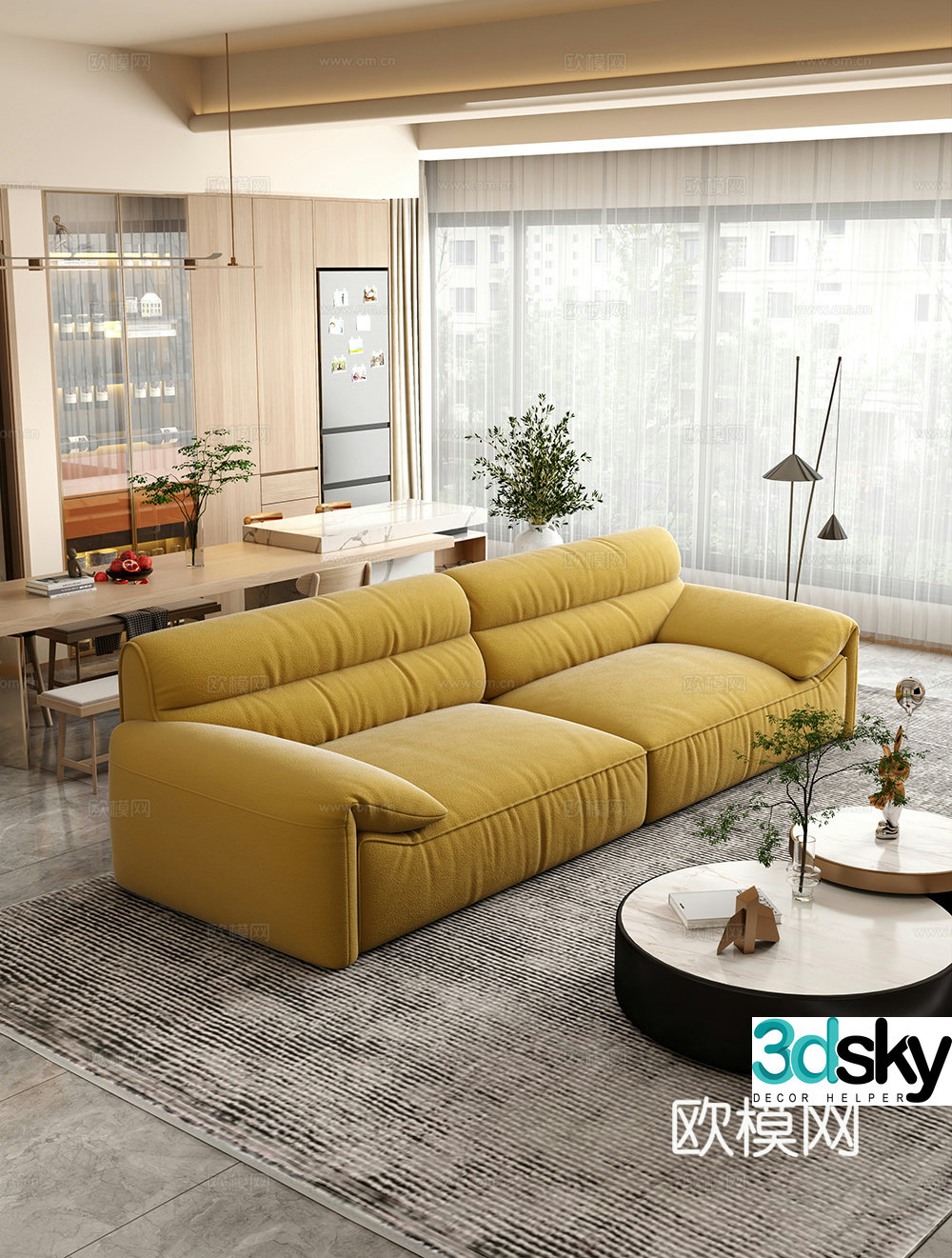 Creamy living room modern simple home living room sofa coffee table combination fabric sofa storage cabinet 3d model