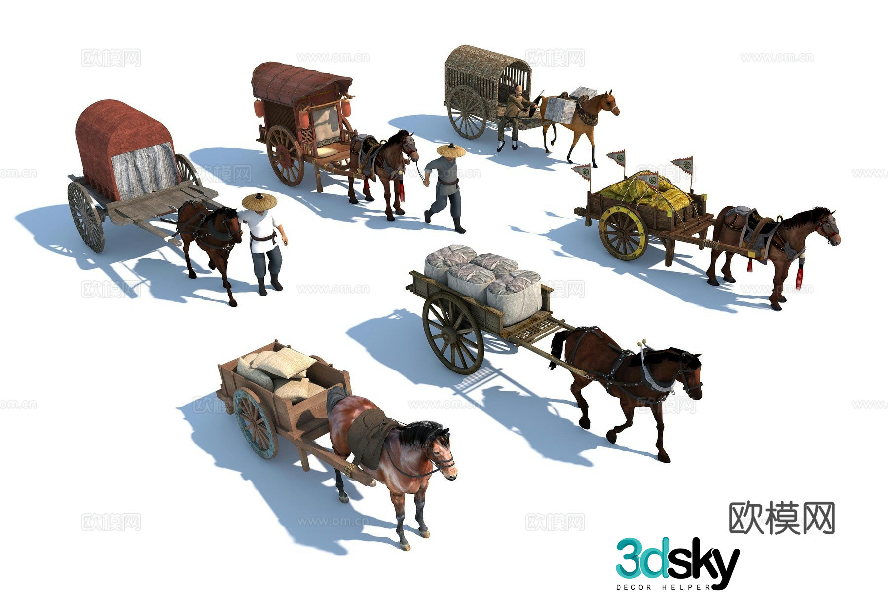 Chinese style horse carriage ancient carriage carriage carriage driver horse pull carriage 3D model