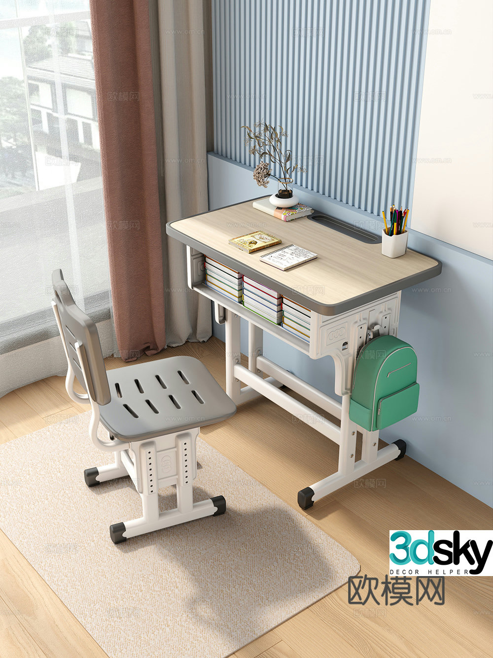 Modern study table desk chair 3d model