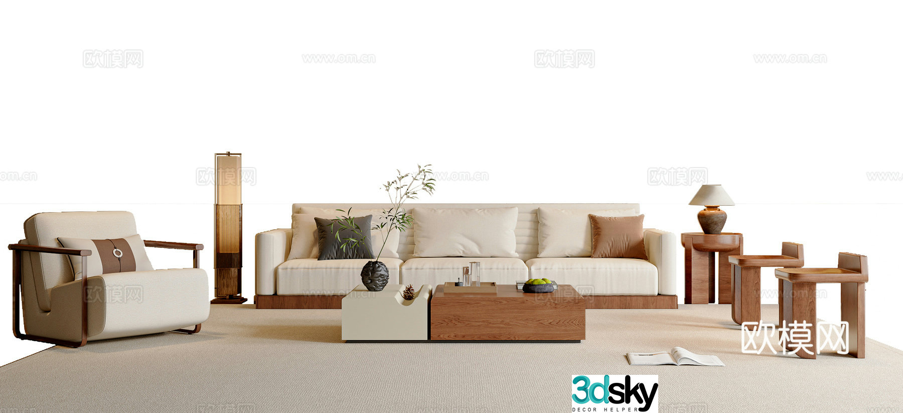 New Chinese Song style sofa coffee table combination leisure chair punzi floor lamp table lamp 3d model