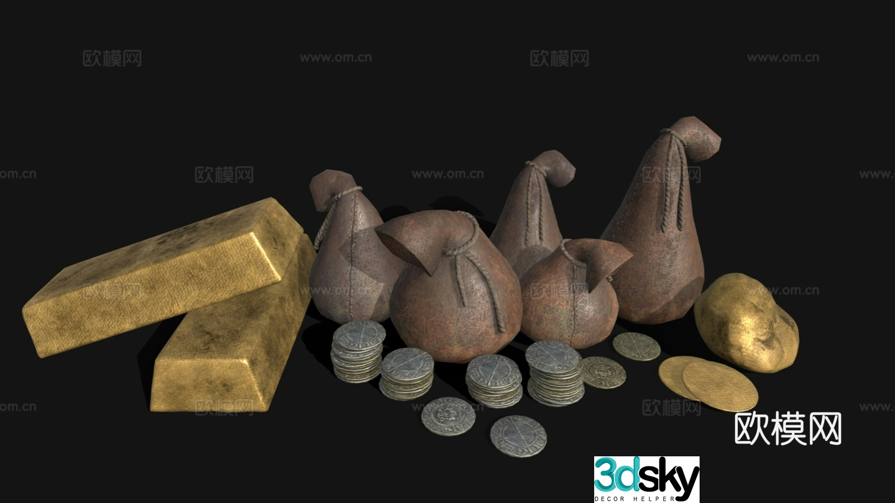 Bag Retro Wallet Coins Gold Nuggets Currency Combination 3D Model