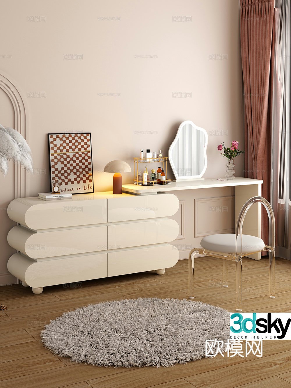Cream style dressing table makeup stool combination dressing table makeup stool mirror decoration hanging painting 3D model