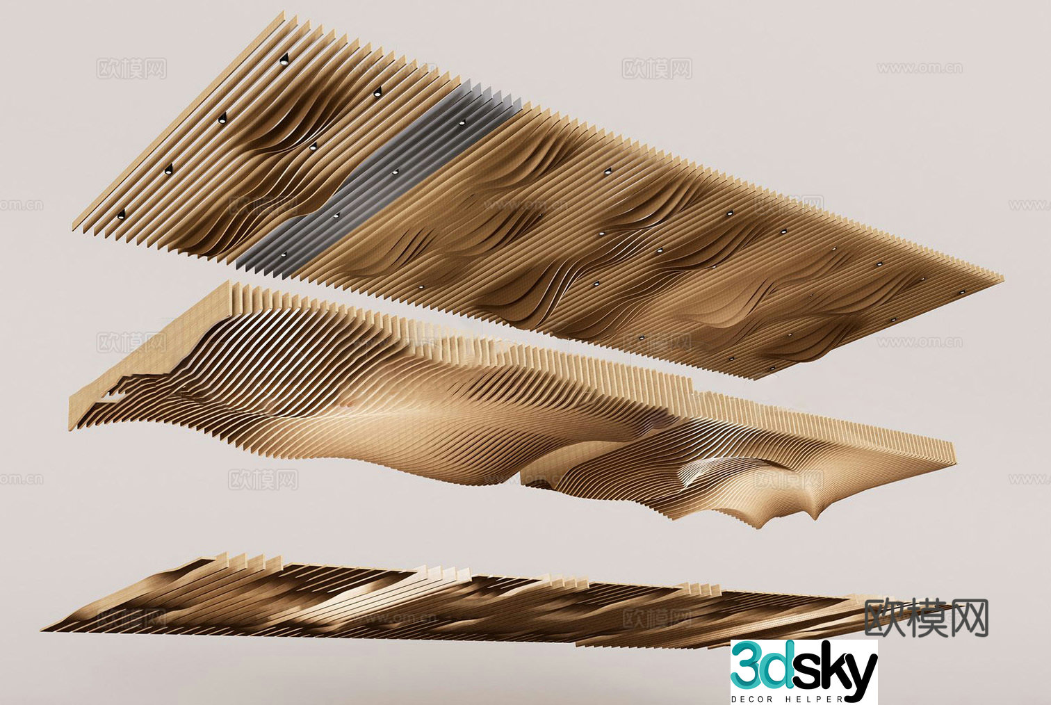 Modern grille solid wood ceiling special-shaped ceiling curved wavy ceiling wooden grille special-shaped wavy ceiling 3D model
