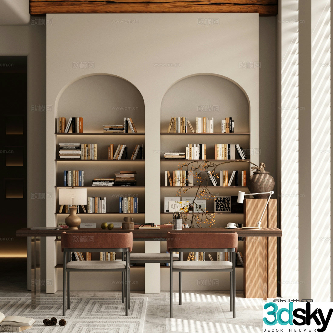 Modern floor-standing bookcase bookshelf desk and chair combination 3D model