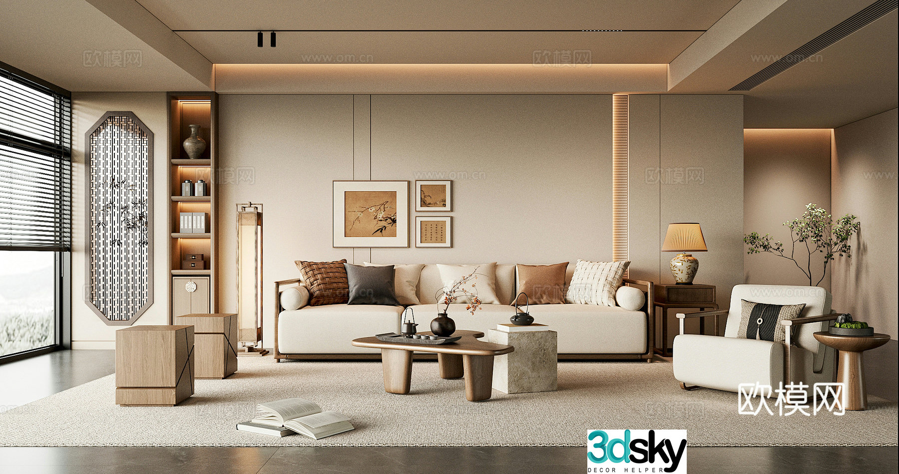 New Chinese style Song style living room sofa coffee table combination leisure chair pier sofa background wall 3D model